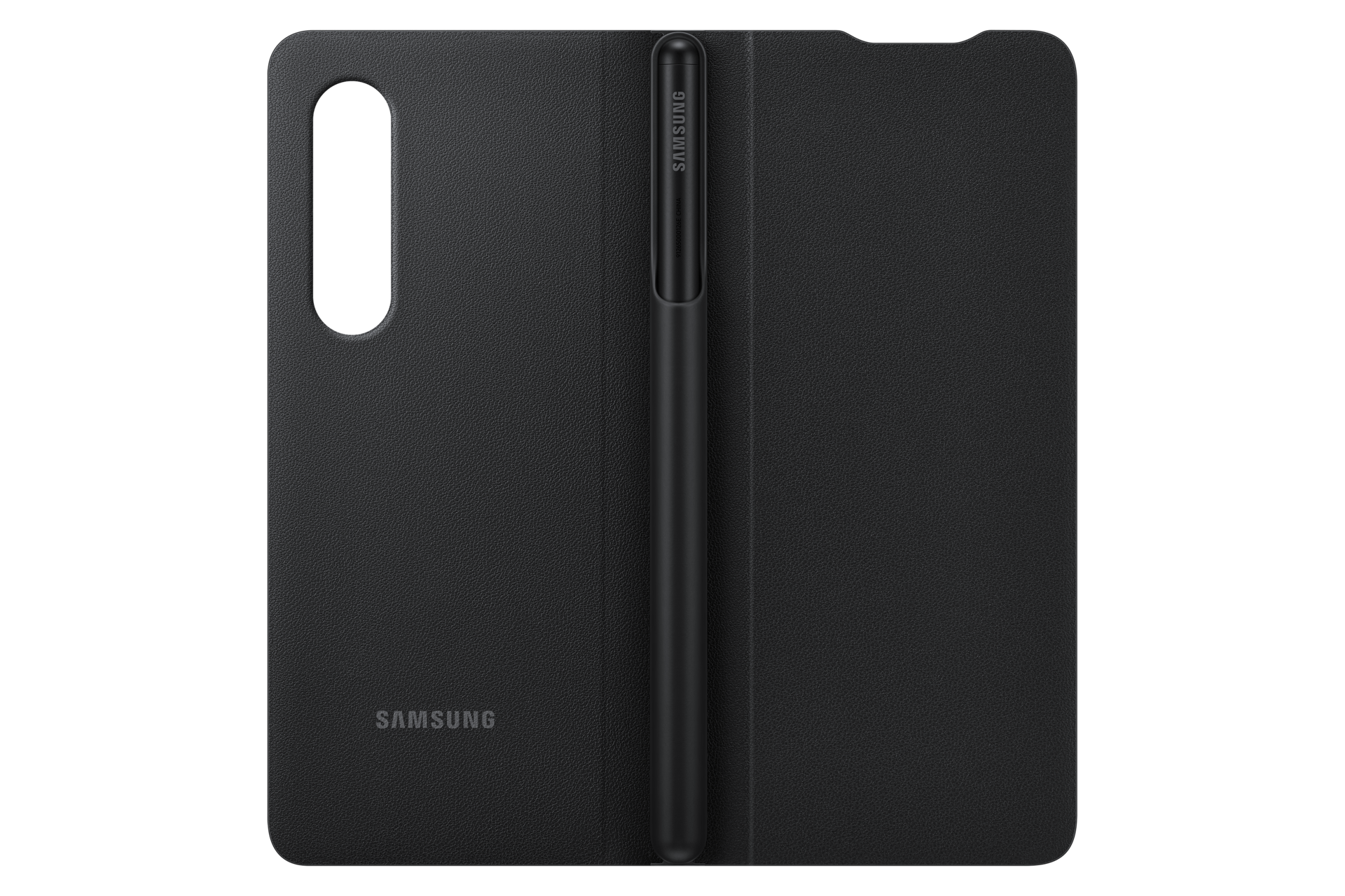 Schwarze Samsung-Handyhülle mit S Pen. Hülle offen, Stift in der Mitte. Samsung-Logo unten links.