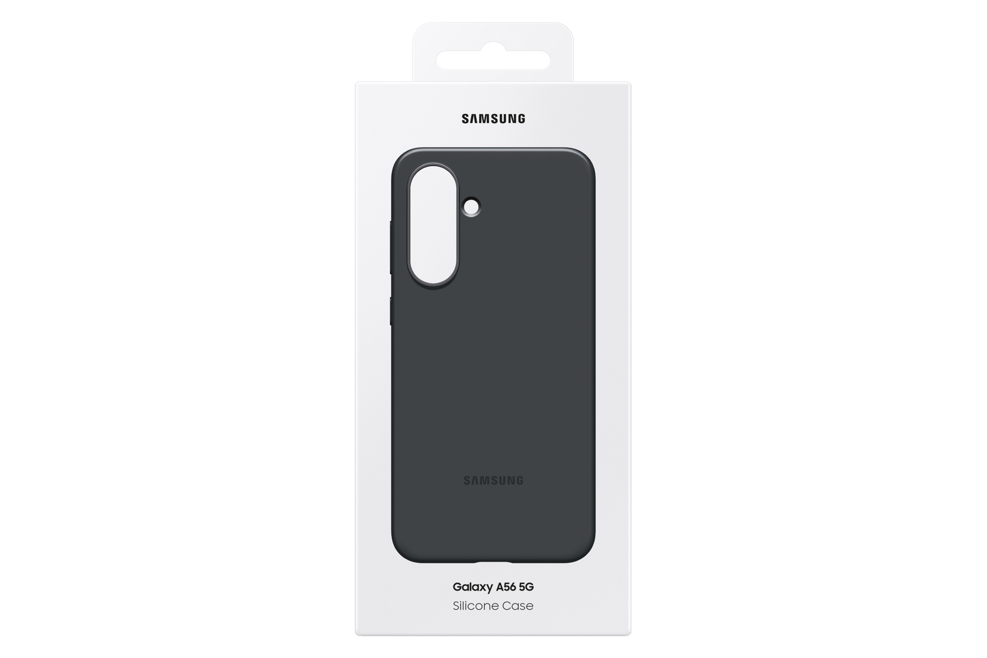 Eine Samsung Galaxy A56 5G Silikonhülle in einer weißen Box. Die Hülle ist dunkelgrau, die Box hat das Samsung-Logo.