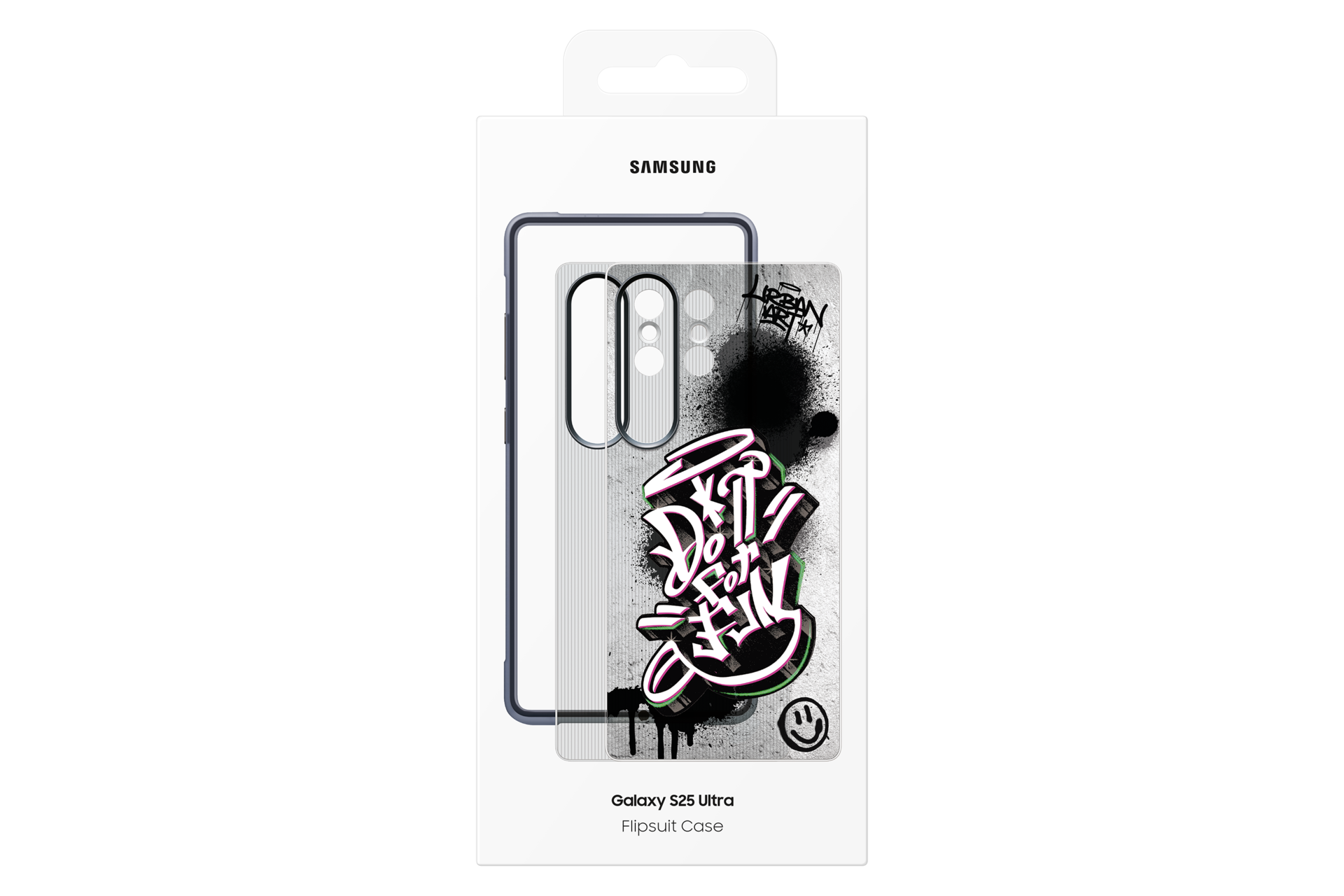 Samsung Galaxy S25 Ultra hoesje. Witte doos met telefoonhoesje met graffiti: 'Do it for fun' met een smiley en zwarte spuitverf.