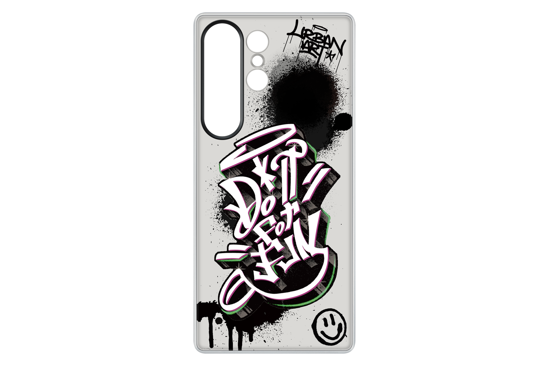 Een telefoonhoesje met graffiti. Zwarte, witte, groene en paarse tekst zegt 'Do it for fun'. Een smiley staat rechtsonder.