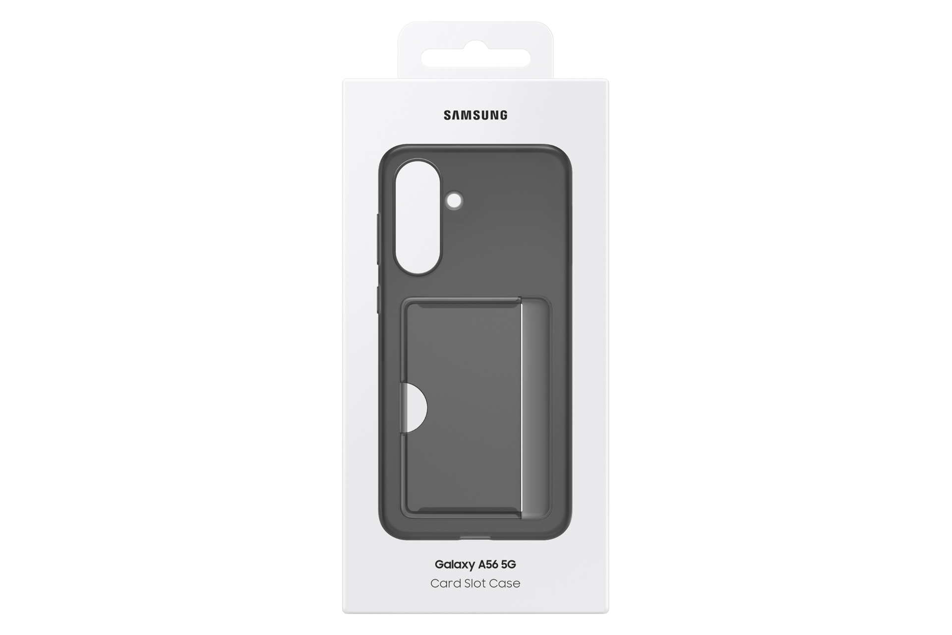 Un étui à fente pour carte Samsung Galaxy A56 5G dans son emballage. L'étui est gris, l'emballage est blanc. Le logo Samsung est visible.