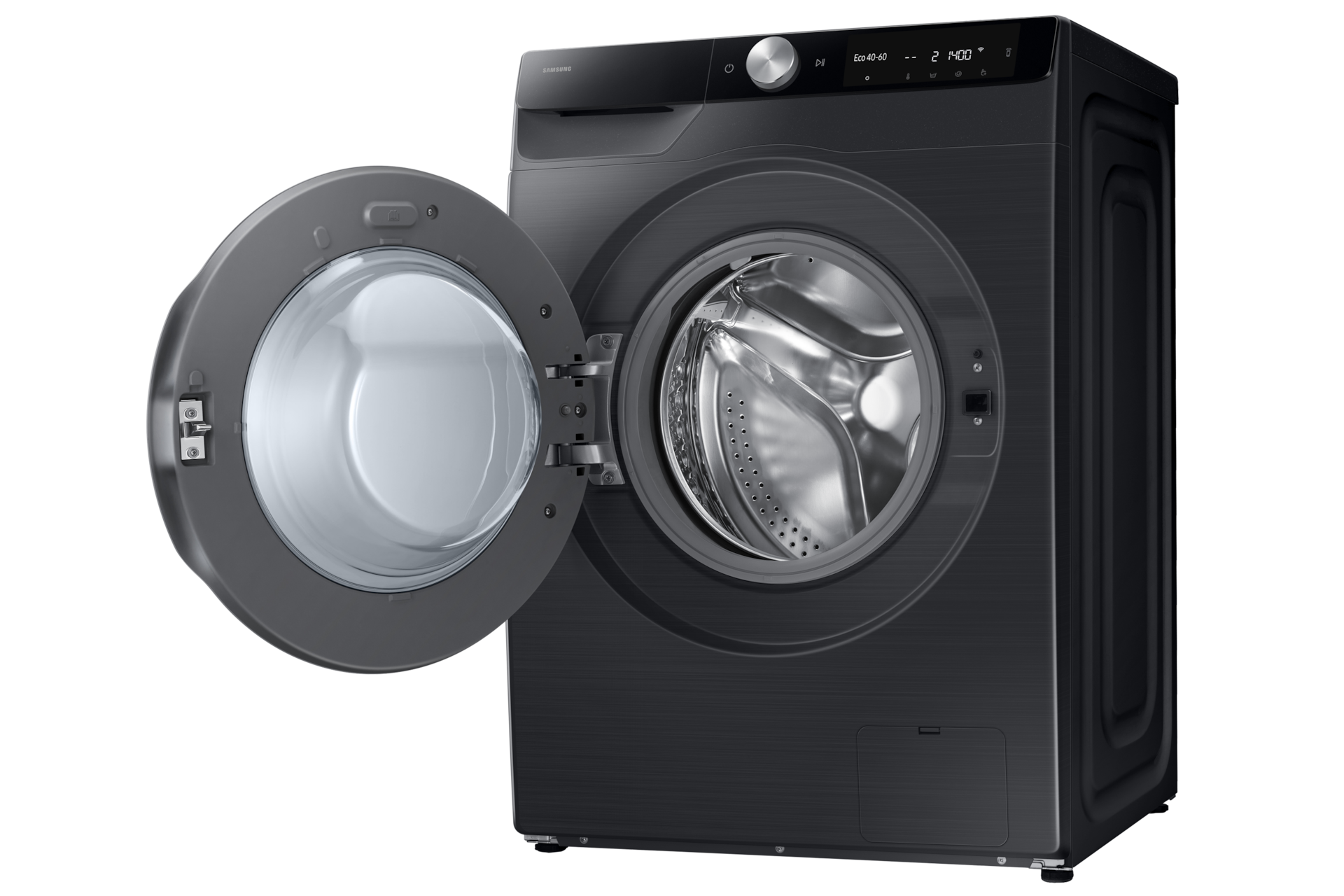 Eine schwarze Samsung Waschmaschine mit geöffneter Tür. Die Trommel ist sichtbar. Die Maschine hat ein digitales Display.