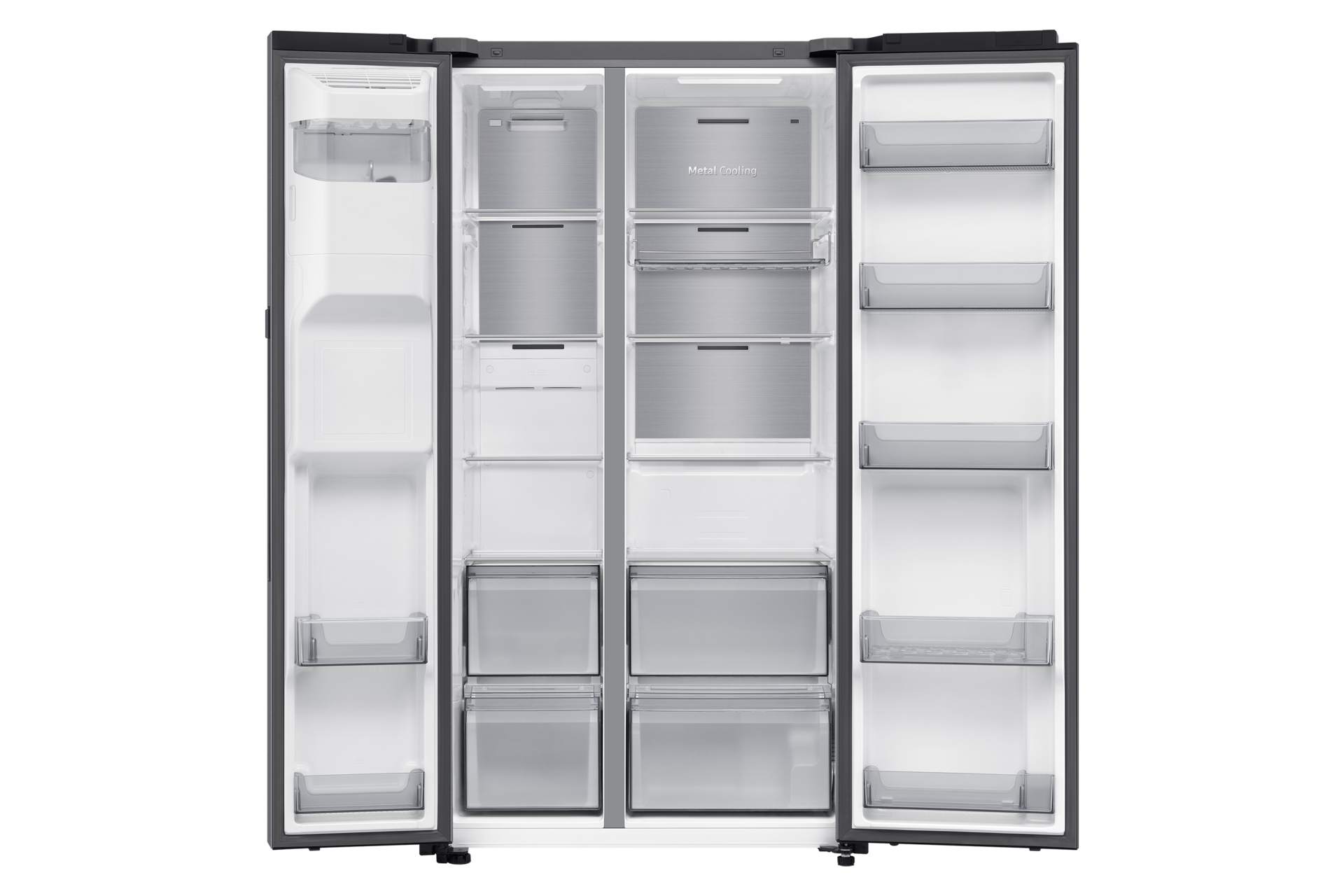 Open refrigerator with multiple shelves and drawers. The interior is white and silver. The refrigerator is on a black background.