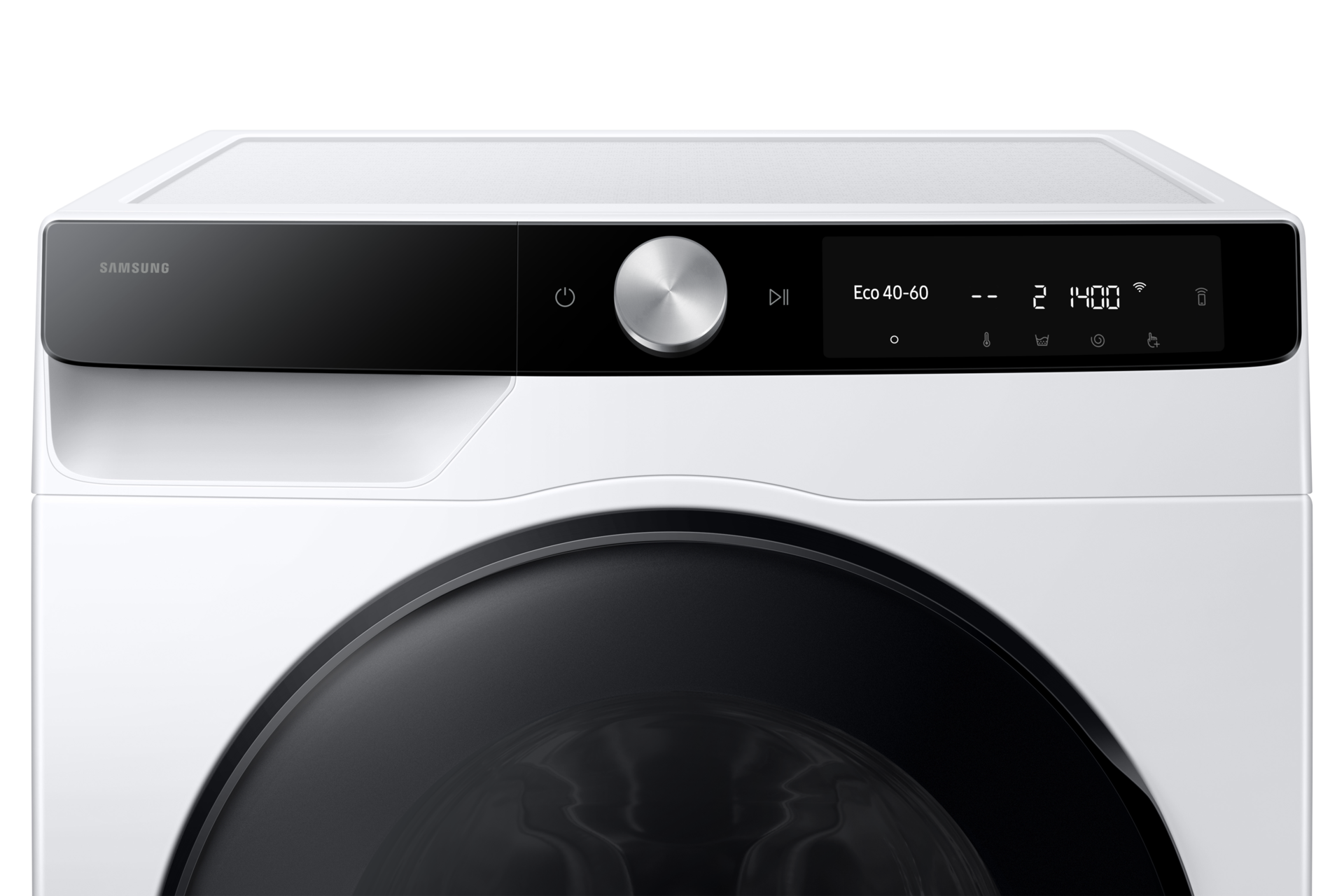 Weiße Samsung Waschmaschine mit schwarzem Bedienfeld und Display. Eine runde Tür ist sichtbar.