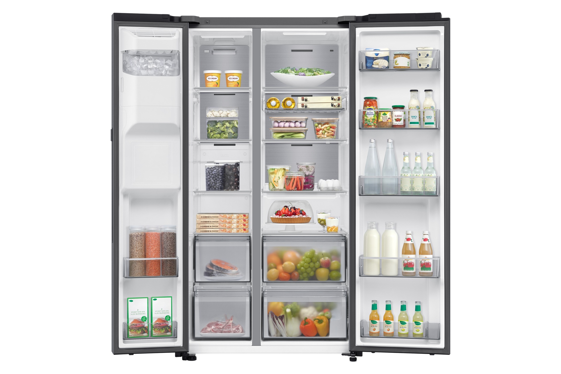 A refrigerator is open, revealing various foods like ice cream, vegetables, fruits, and drinks. It is well-organized with multiple shelves and drawers.