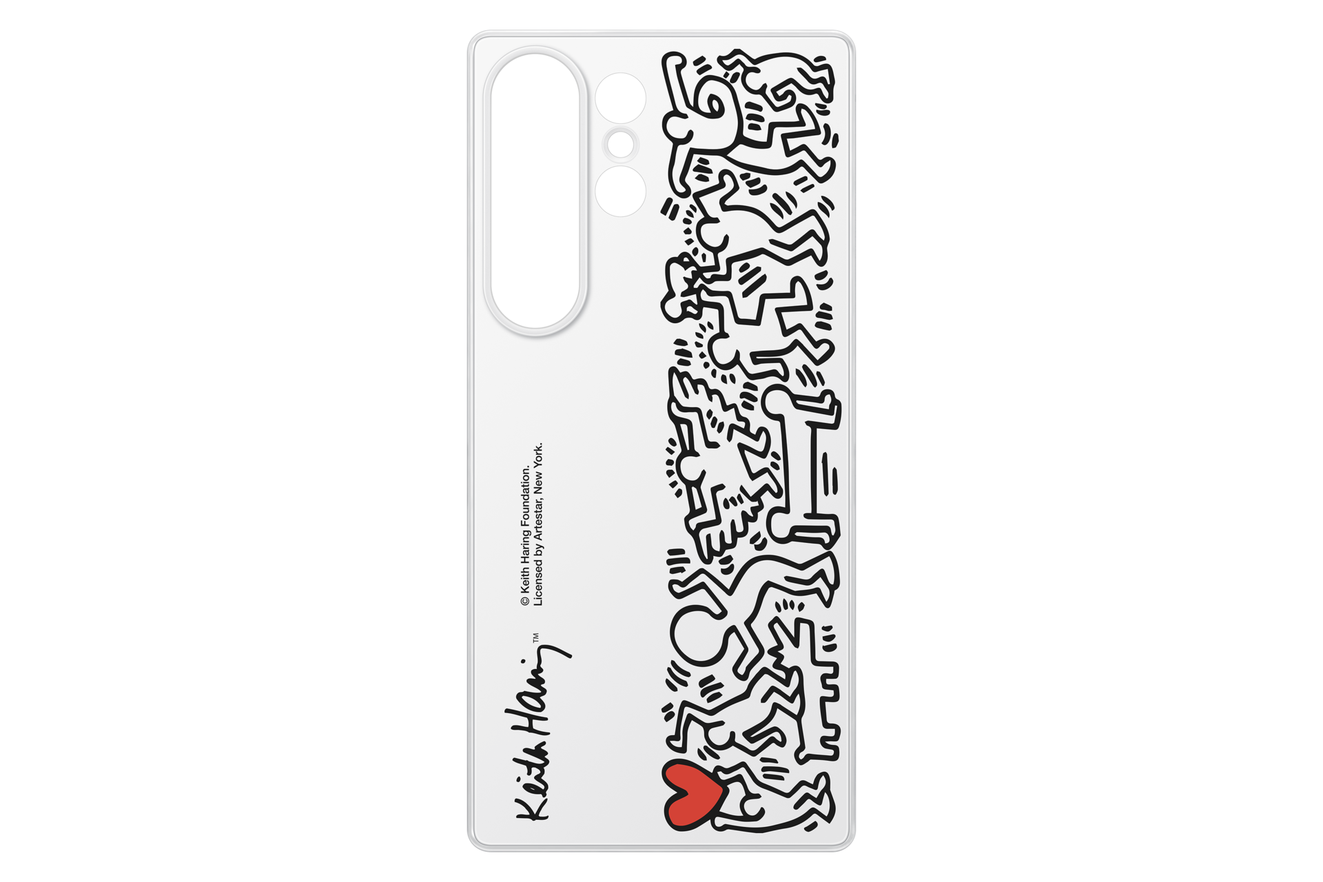 Etui na telefon z grafiką Keitha Haringa. Białe etui z czarnymi rysunkami postaci i czerwonym sercem.