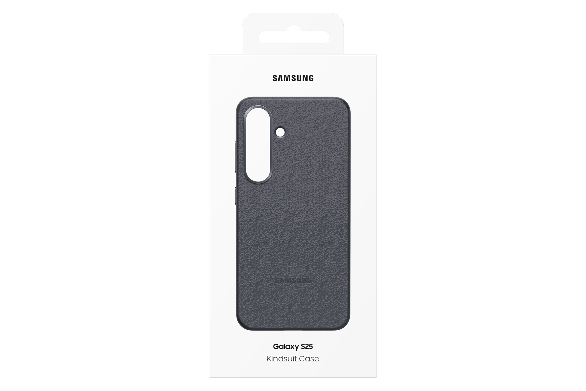 Una custodia per telefono Samsung Galaxy S25 in una scatola bianca. La custodia è grigio scuro. La scatola ha il logo Samsung.