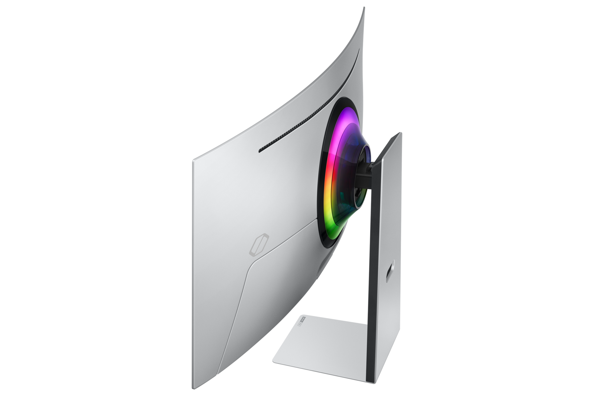 Zakrzywiony biały monitor z kolorowym pierścieniem świetlnym, widok z boku, na czarnym tle. Stojak jest również biały.