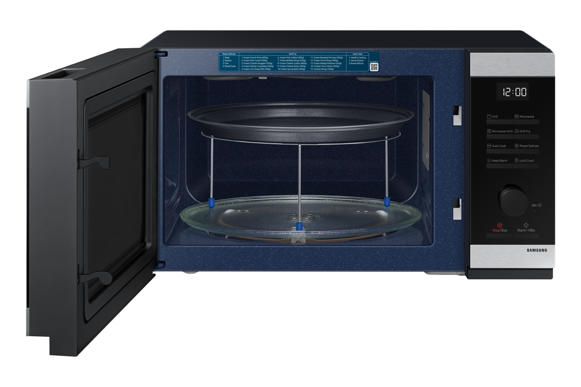 Otwarta kuchenka mikrofalowa z czarnymi drzwiami. Wewnątrz widoczny szklany talerz i ruszt. Sterowanie i wyświetlacz po prawej.