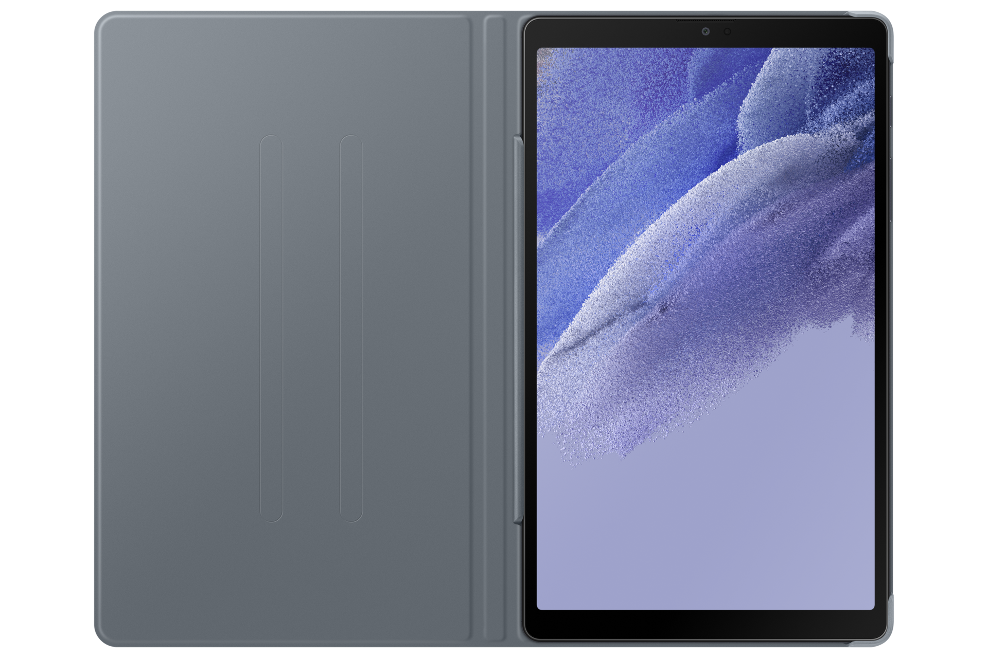 Tablet in grauem Gehäuse. Der Bildschirm zeigt ein hellviolettes, abstraktes Design.