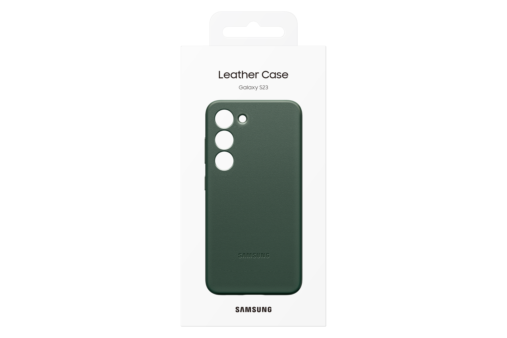Una custodia in pelle verde per un Samsung Galaxy S23 è in una scatola bianca. La scatola ha 'Leather Case' e il logo Samsung.