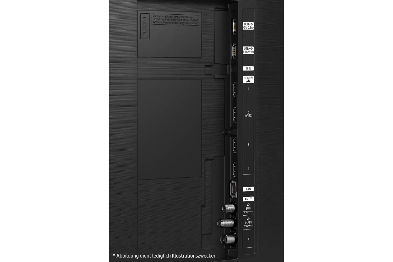 Panel tylny telewizora z portami: USB, HDMI, LAN, ANT i inne. Czarna powierzchnia z etykietami.