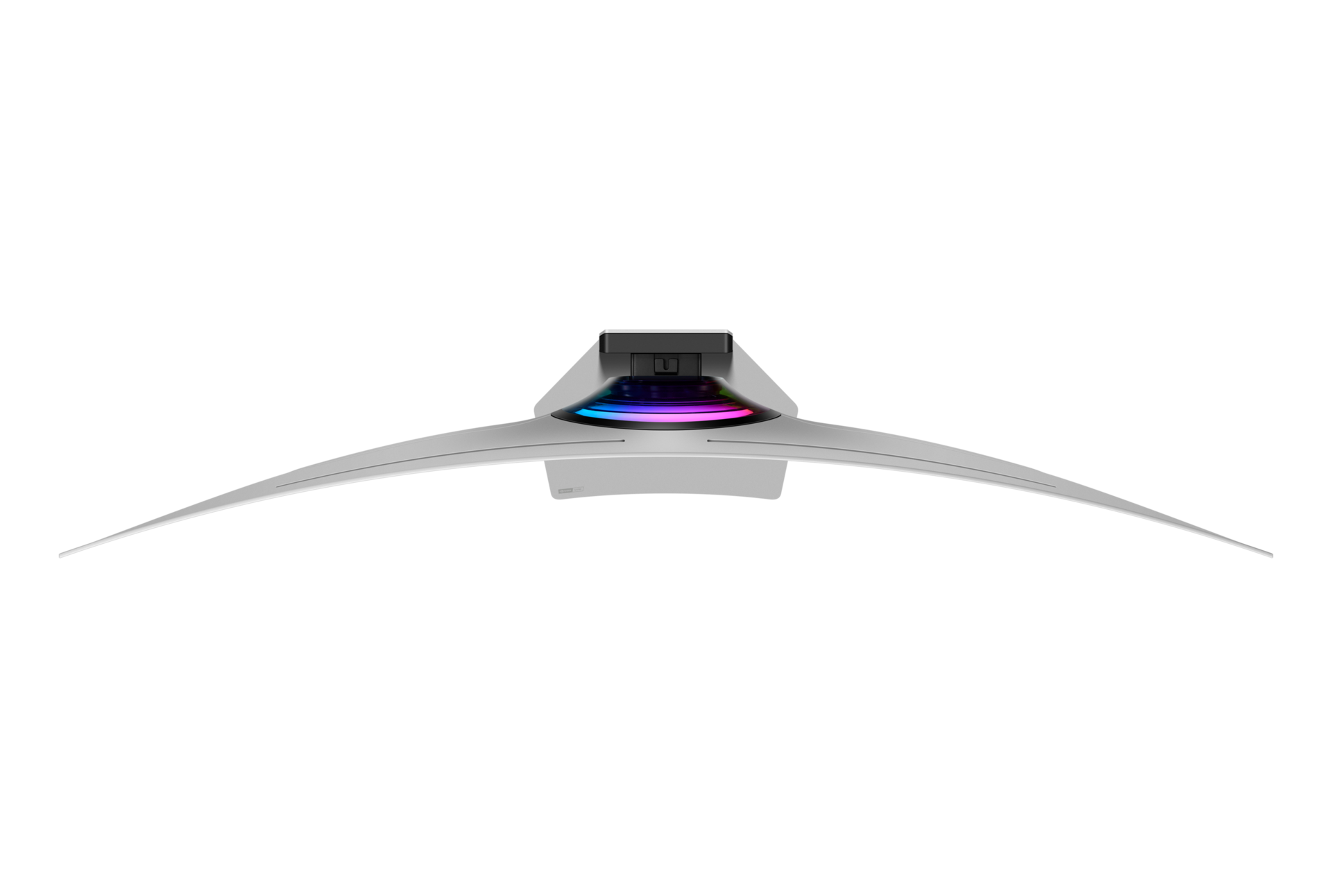 Zakrzywiony, srebrny monitor komputerowy z czarnym tłem. Wielokolorowe światła widoczne u podstawy ekranu.