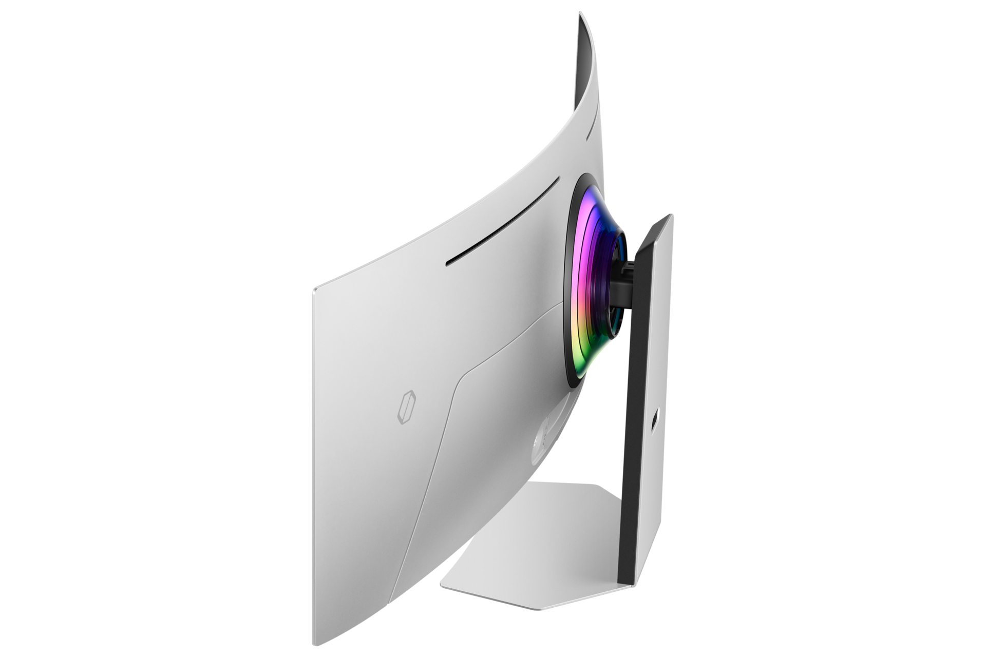 Biały zakrzywiony monitor do gier z tęczowym pierścieniem świetlnym z tyłu i czarną podstawą.