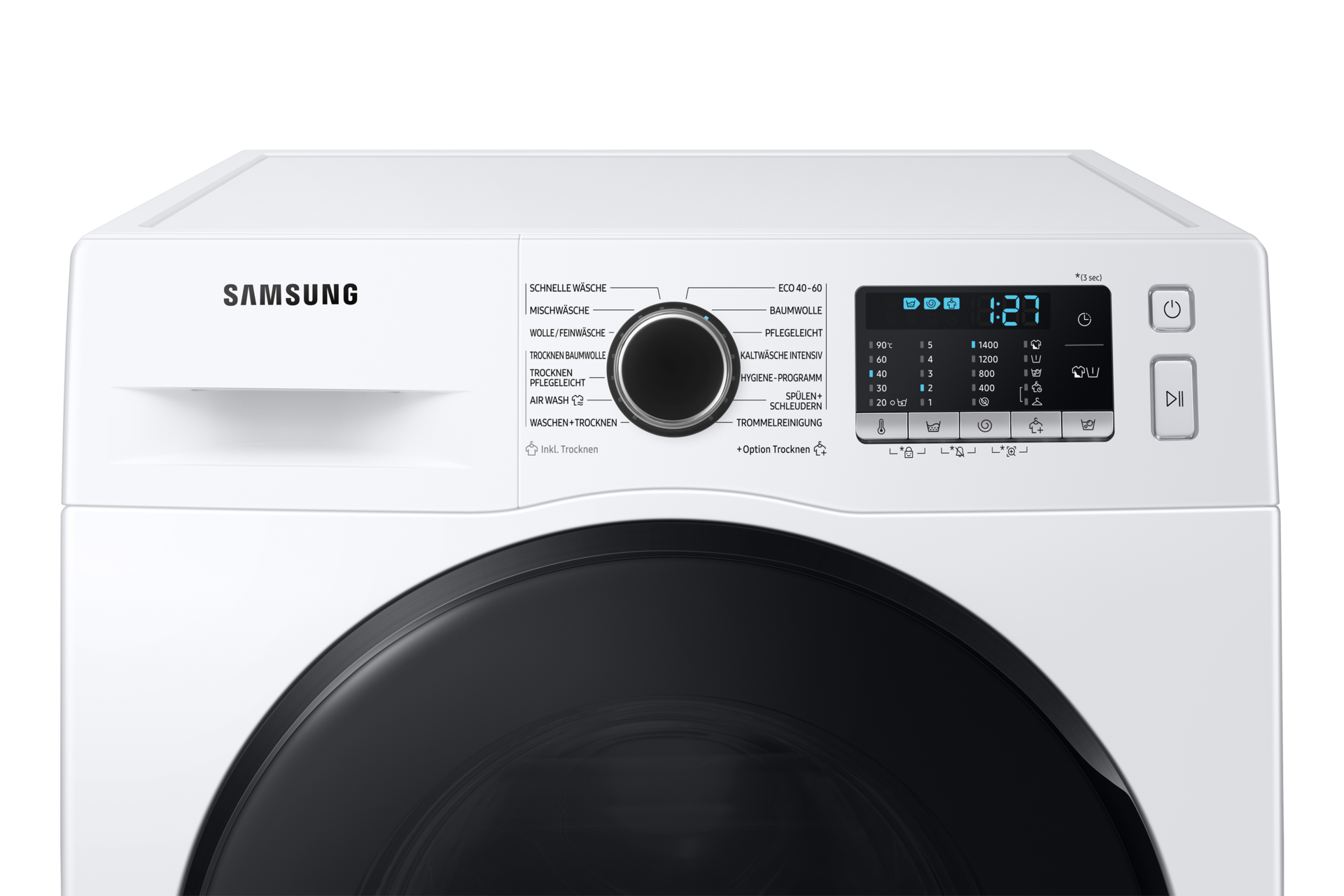 Eine weiße Samsung Waschmaschine. Sie hat eine schwarze Tür, ein Bedienfeld mit Digitalanzeige und verschiedene Programmoptionen.