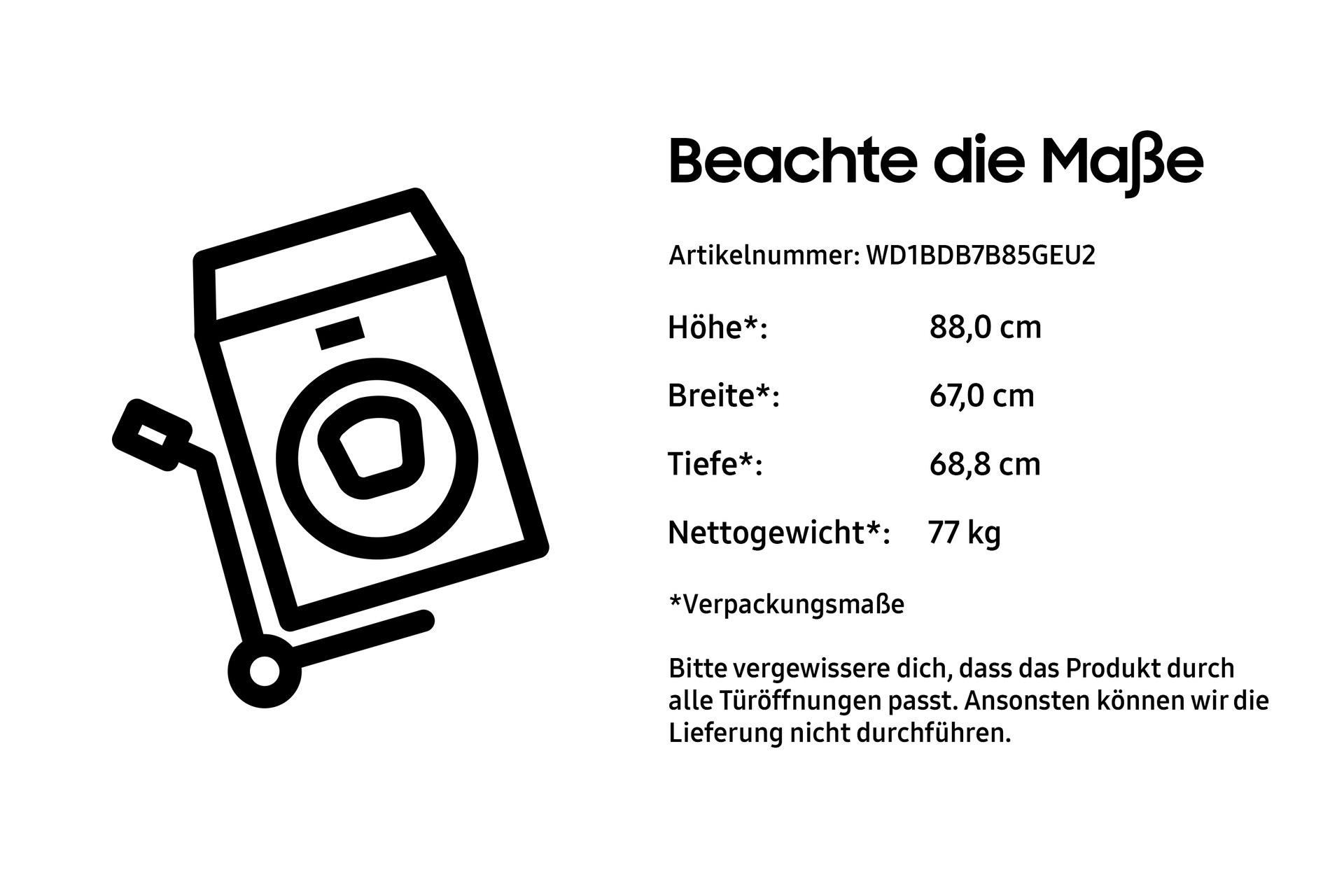 Schwarze Umrisszeichnung einer Waschmaschine auf einem Handwagen, mit Größenangaben und Text auf Deutsch.