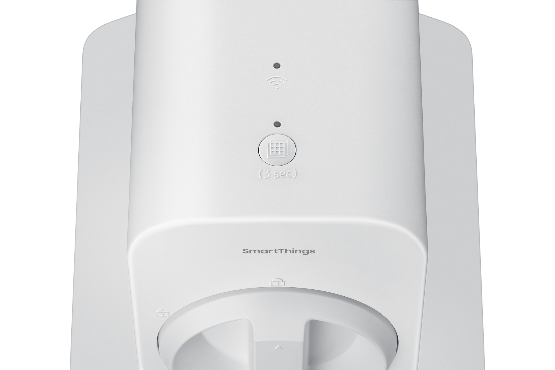 Dispositivo SmartThings blanco con botones, logotipos y una base de carga. El fondo es negro.
