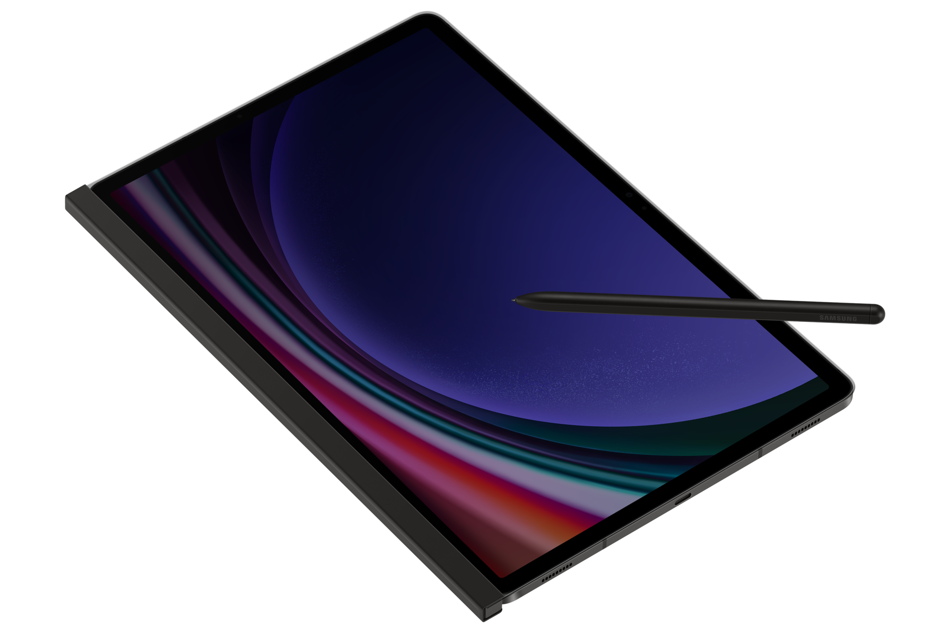 Een tablet met stylus op een zwarte achtergrond. Het scherm toont een kleurrijk abstract beeld. De stylus heeft het Samsung-logo.