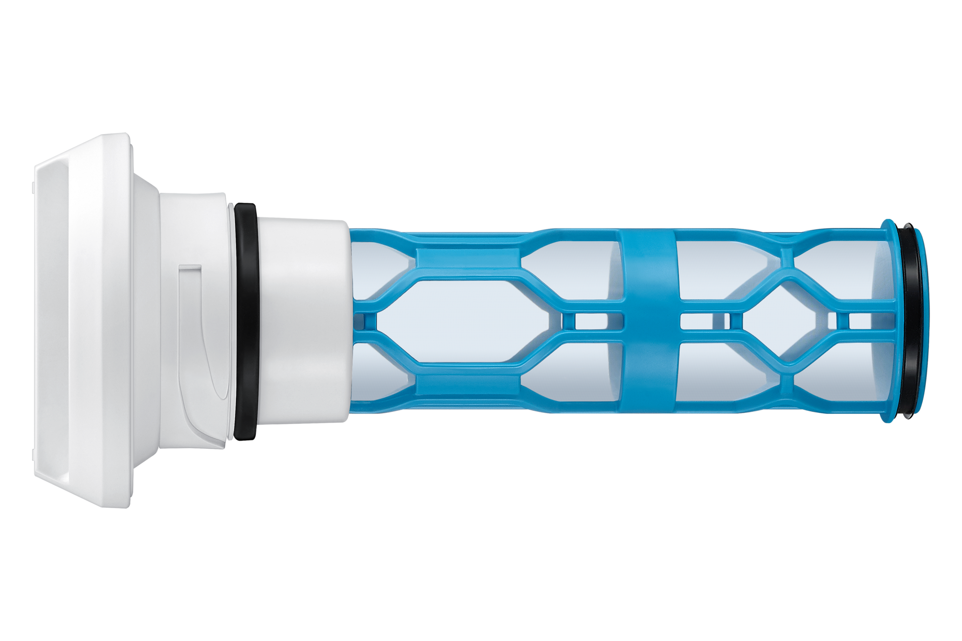 Un filtro de aire blanco y azul. Tiene una base blanca, una jaula azul y anillos negros. El fondo es negro.
