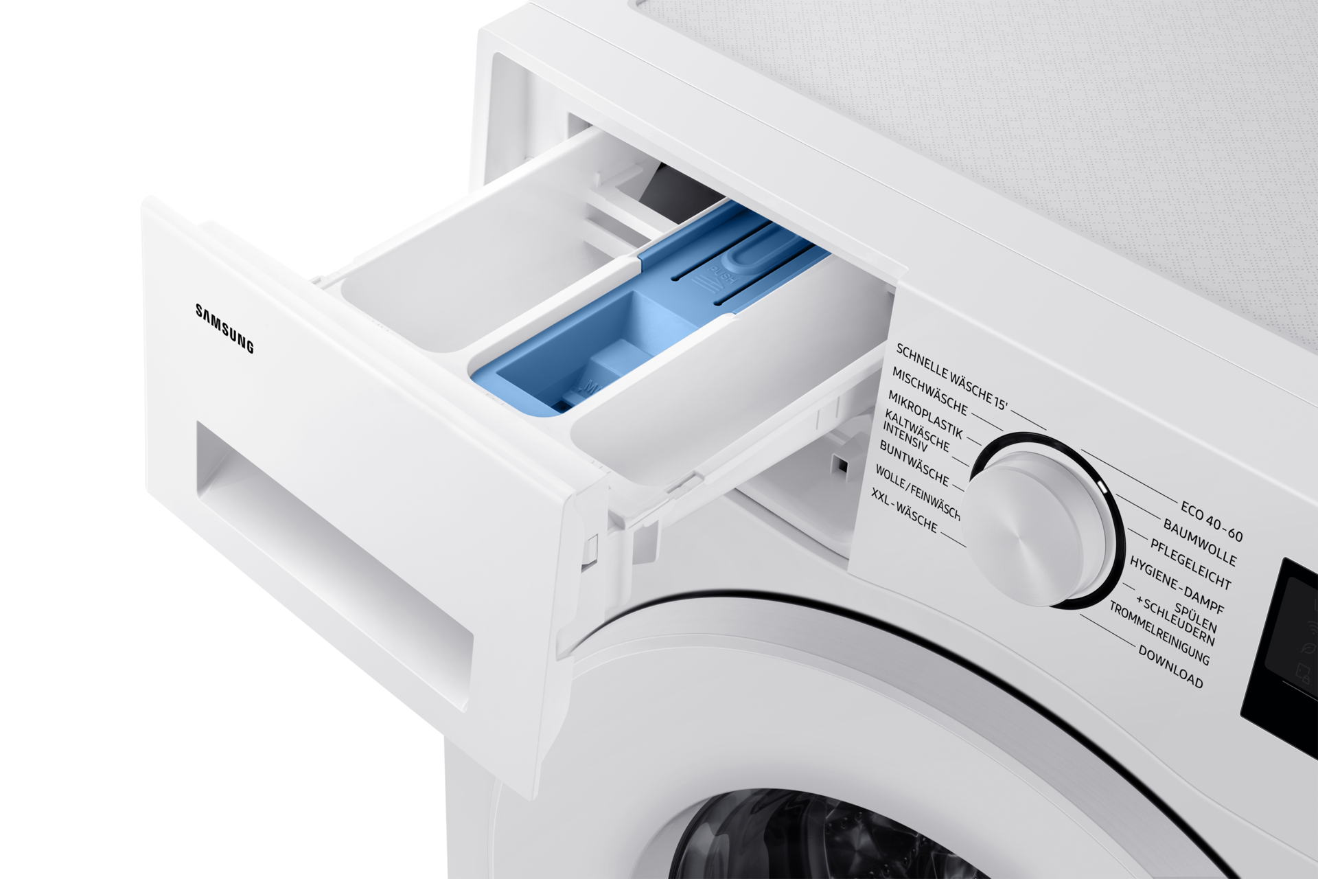 Eine weiße Samsung Waschmaschine mit geöffneter Waschmittel Schublade. Die Schublade hat blaue Fächer und ein Bedienfeld.
