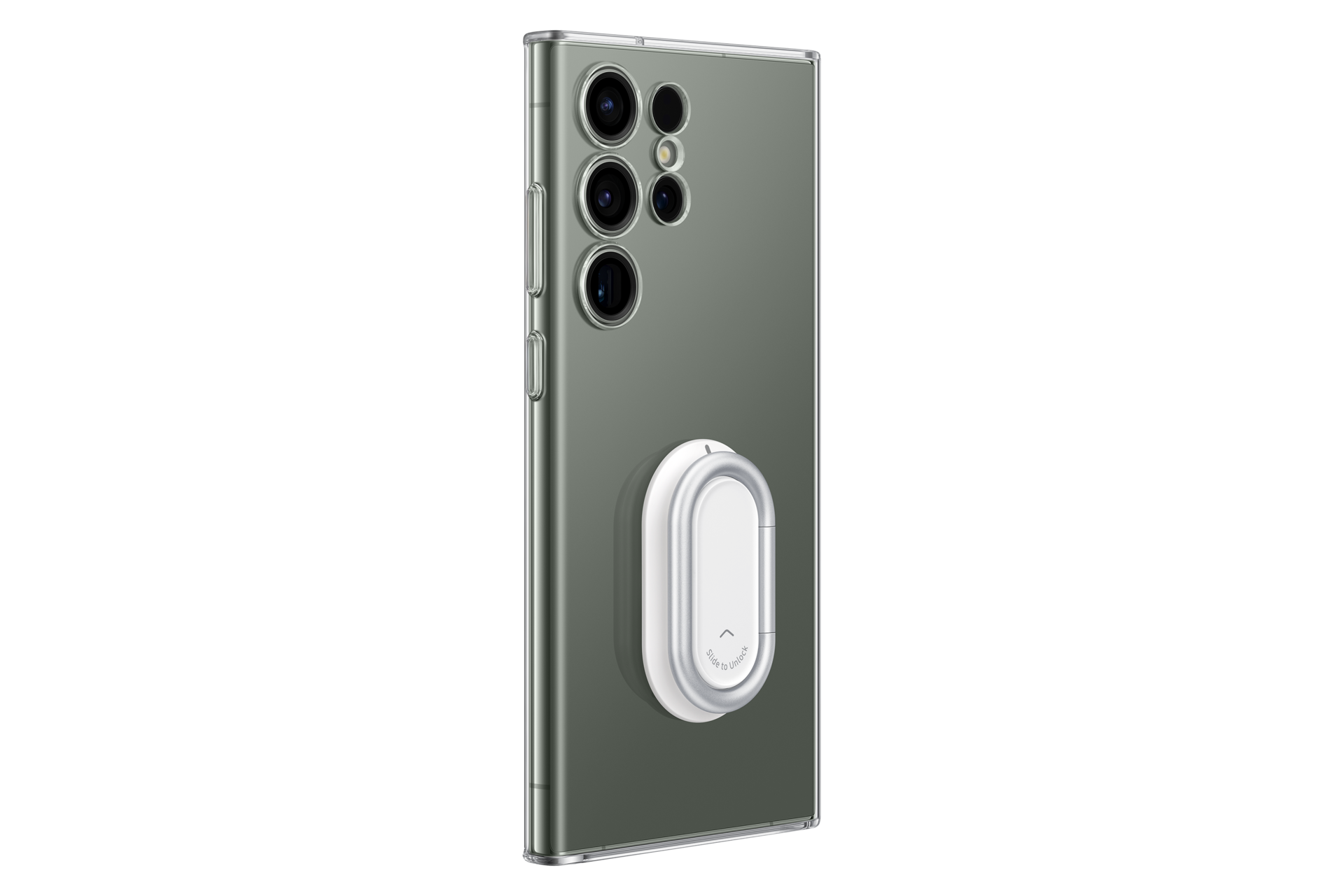 Un teléfono inteligente con un soporte de anillo. El teléfono es gris, el soporte es blanco y plateado.