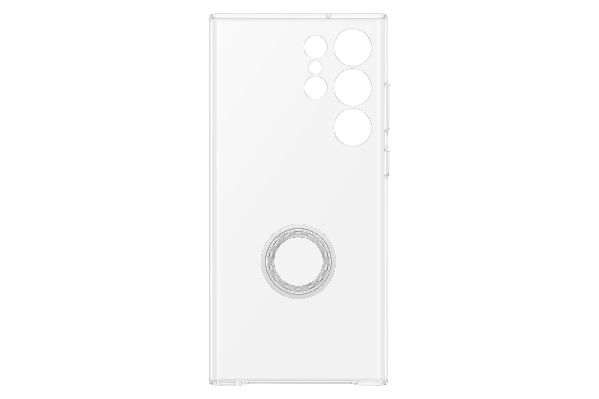 Una funda transparente para teléfono, con recortes para la cámara y un soporte de anillo. La funda está sobre un fondo negro.
