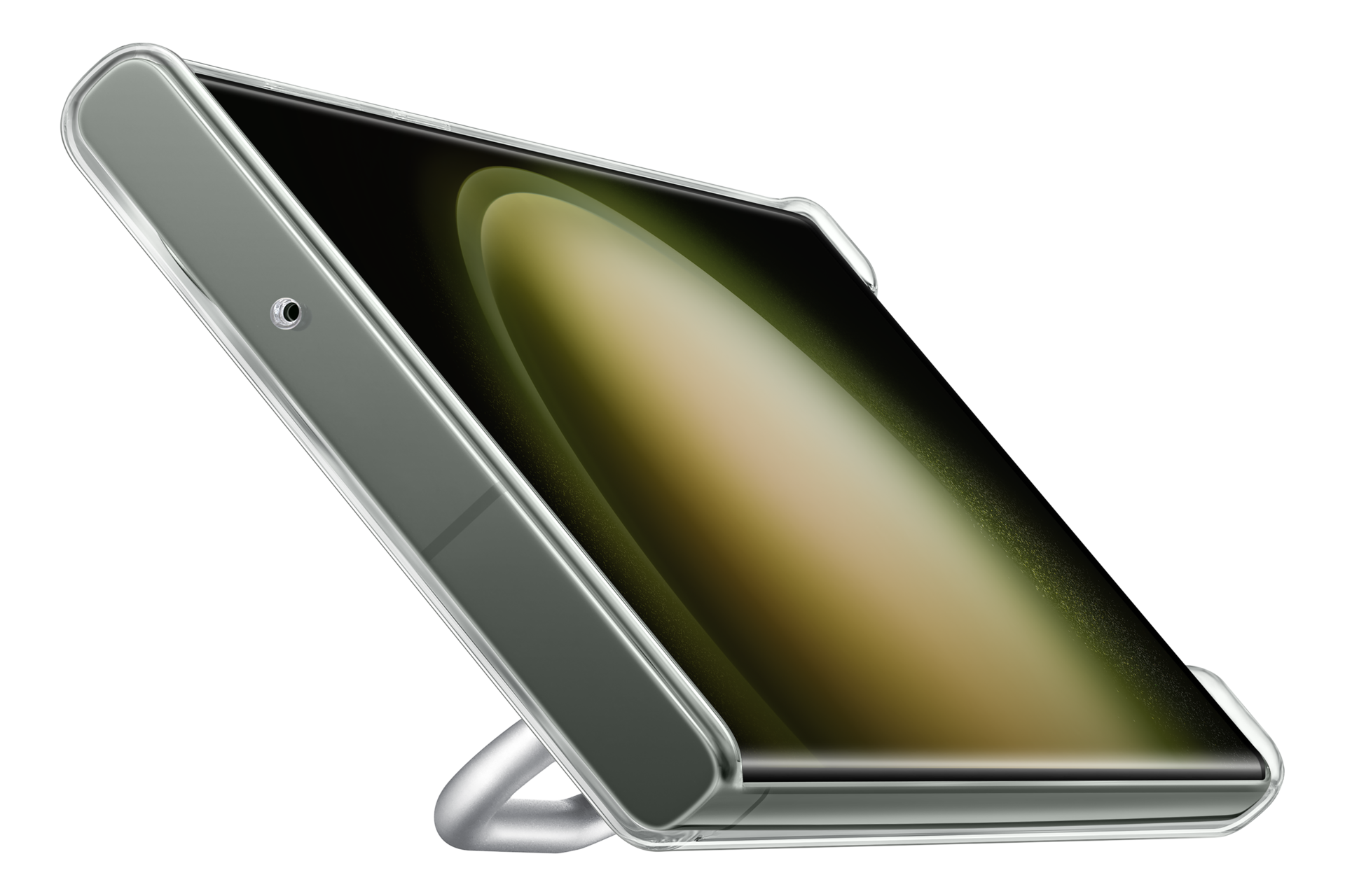 Un smartphone con una funda transparente está en ángulo. La pantalla muestra un degradado borroso amarillo claro y verde.