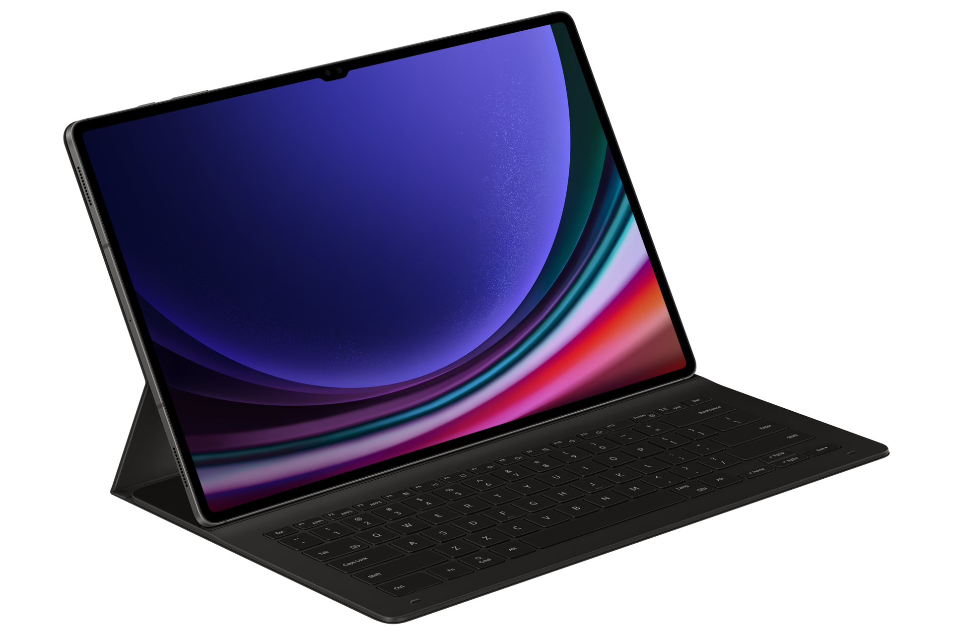 Un tablet con tastiera collegata. Lo schermo mostra uno sfondo astratto e colorato. La tastiera e il tablet sono neri.