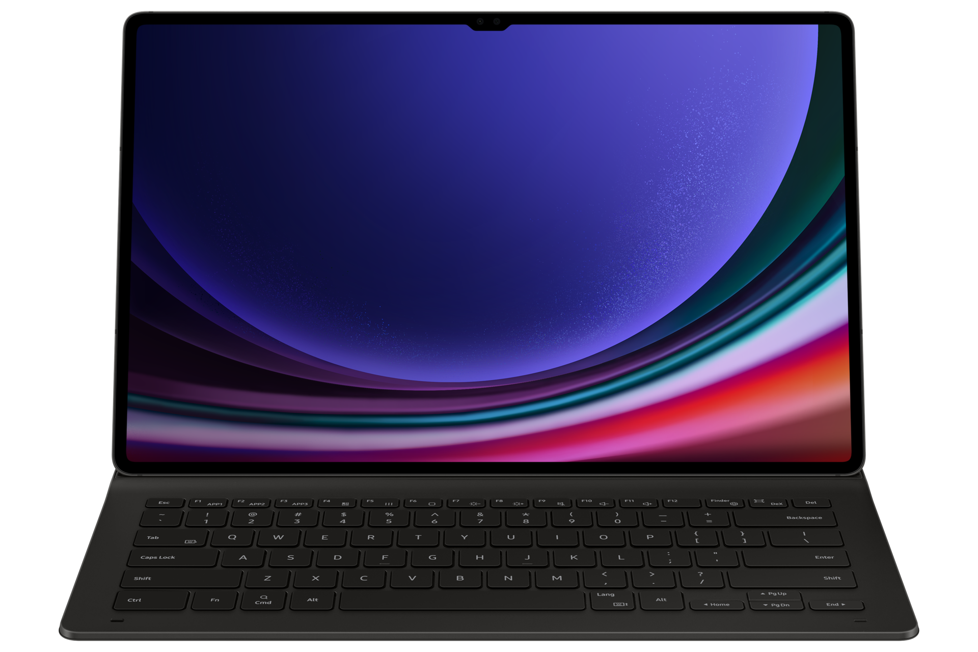 Un tablet con tastiera staccabile. Lo schermo mostra uno sfondo astratto e colorato. La tastiera è nera.