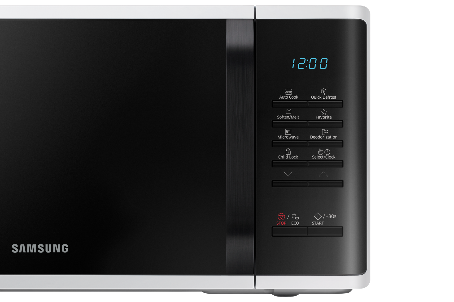 Un microondas Samsung con puerta negra, panel de control con botones y pantalla digital que muestra 12:00. Marco blanco.