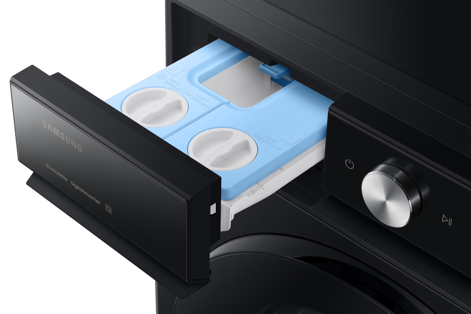 Nahaufnahme der Waschmittelschublade einer Waschmaschine, herausgezogen. Blaue und weiße Fächer sind sichtbar, mit dem Samsung-Logo.