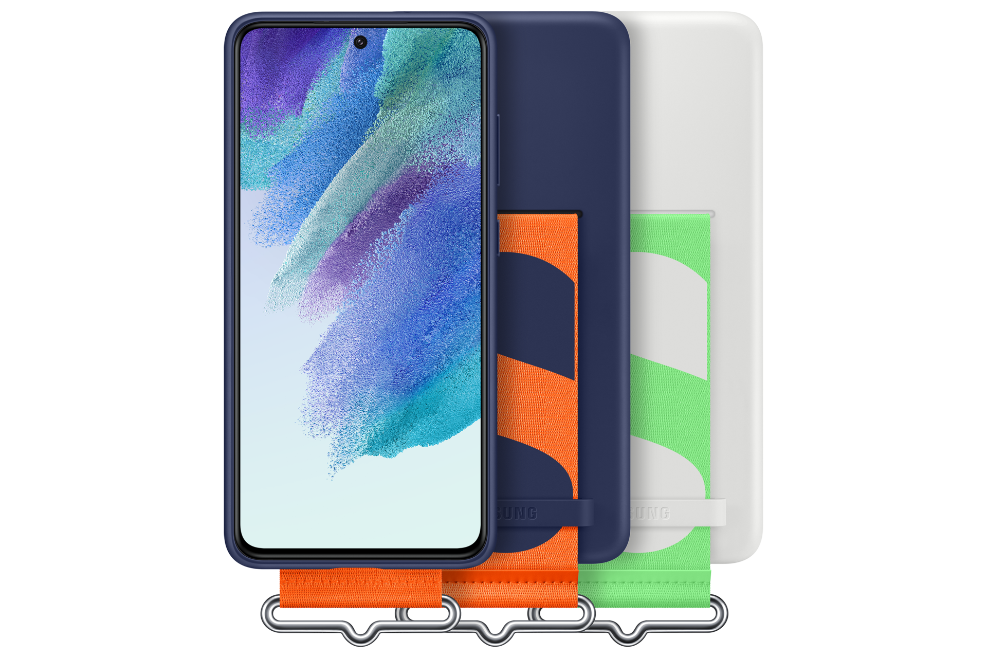 Ein Smartphone mit blauem Gehäuse, verschiedene farbige Bänder und Hüllen werden angezeigt.