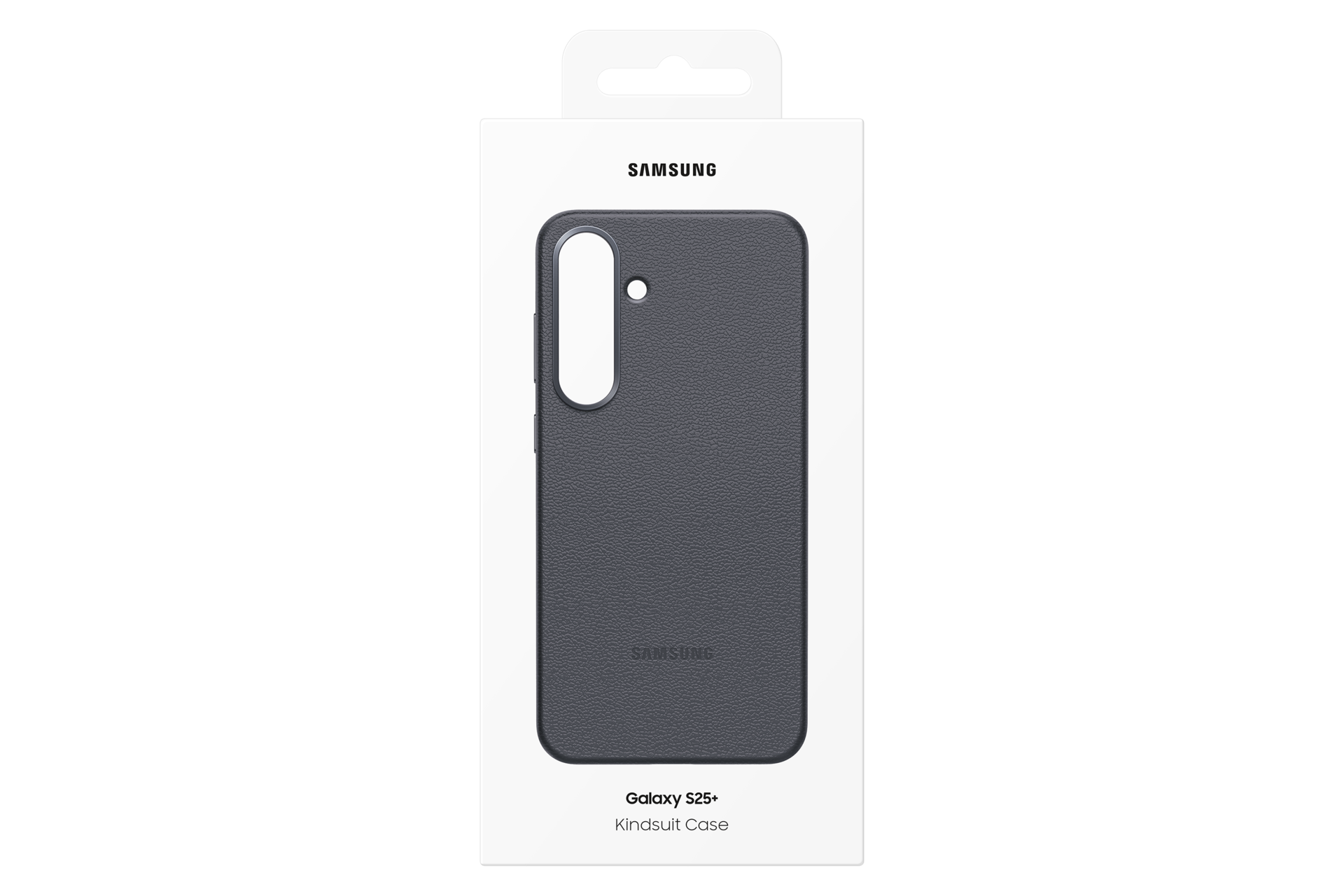 Eine Samsung Galaxy S25+ Kindsuit-Hülle befindet sich in ihrer Verpackung. Die Hülle ist dunkelgrau. Das Samsung-Logo ist sichtbar.