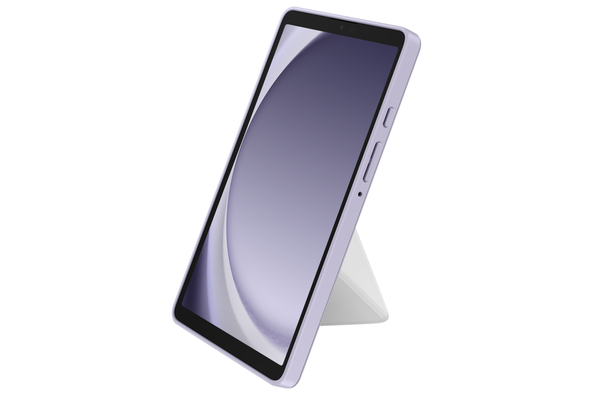 Tablet z fioletowym etui jest podparty białą podstawką, ekran jest jasnofioletowy, na czarnym tle.