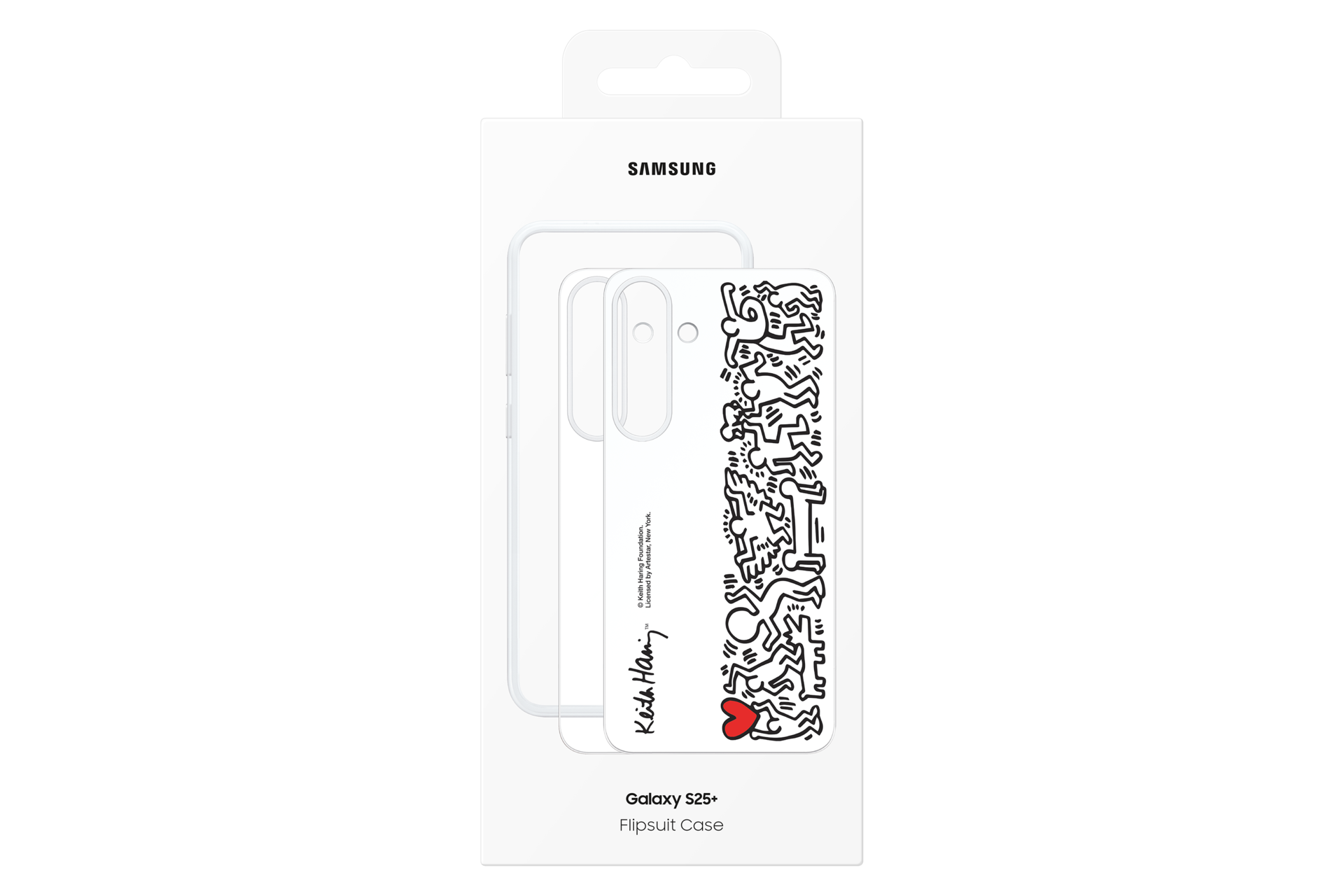 Funda para teléfono Samsung con arte de Keith Haring. Funda blanca con figuras negras y un corazón rojo. Empaquetada en una caja blanca.
