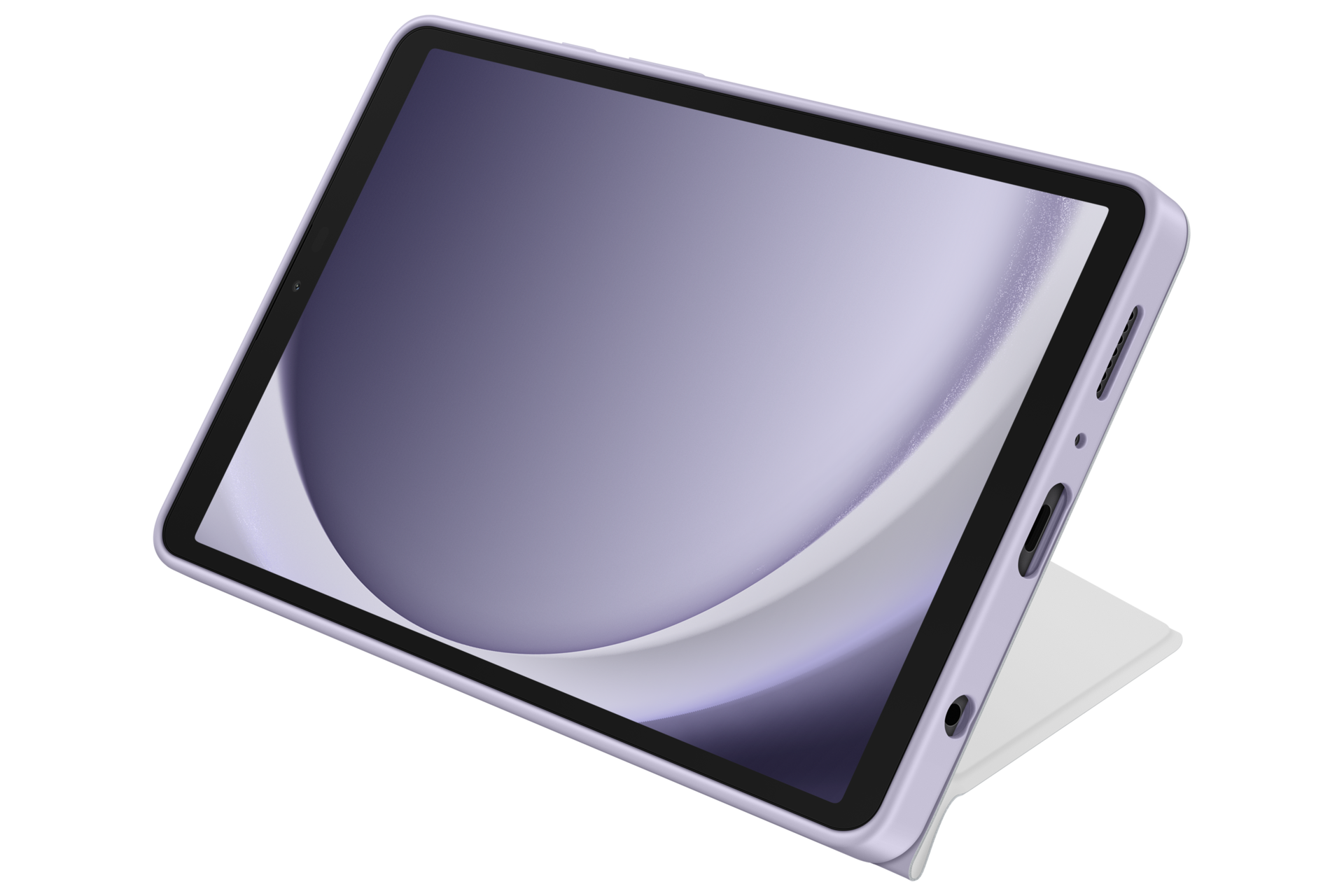 Tablet w lawendowym etui, podparty białą podstawką, na czarnym tle. Ekran wyświetla jasnofioletowy wzór.