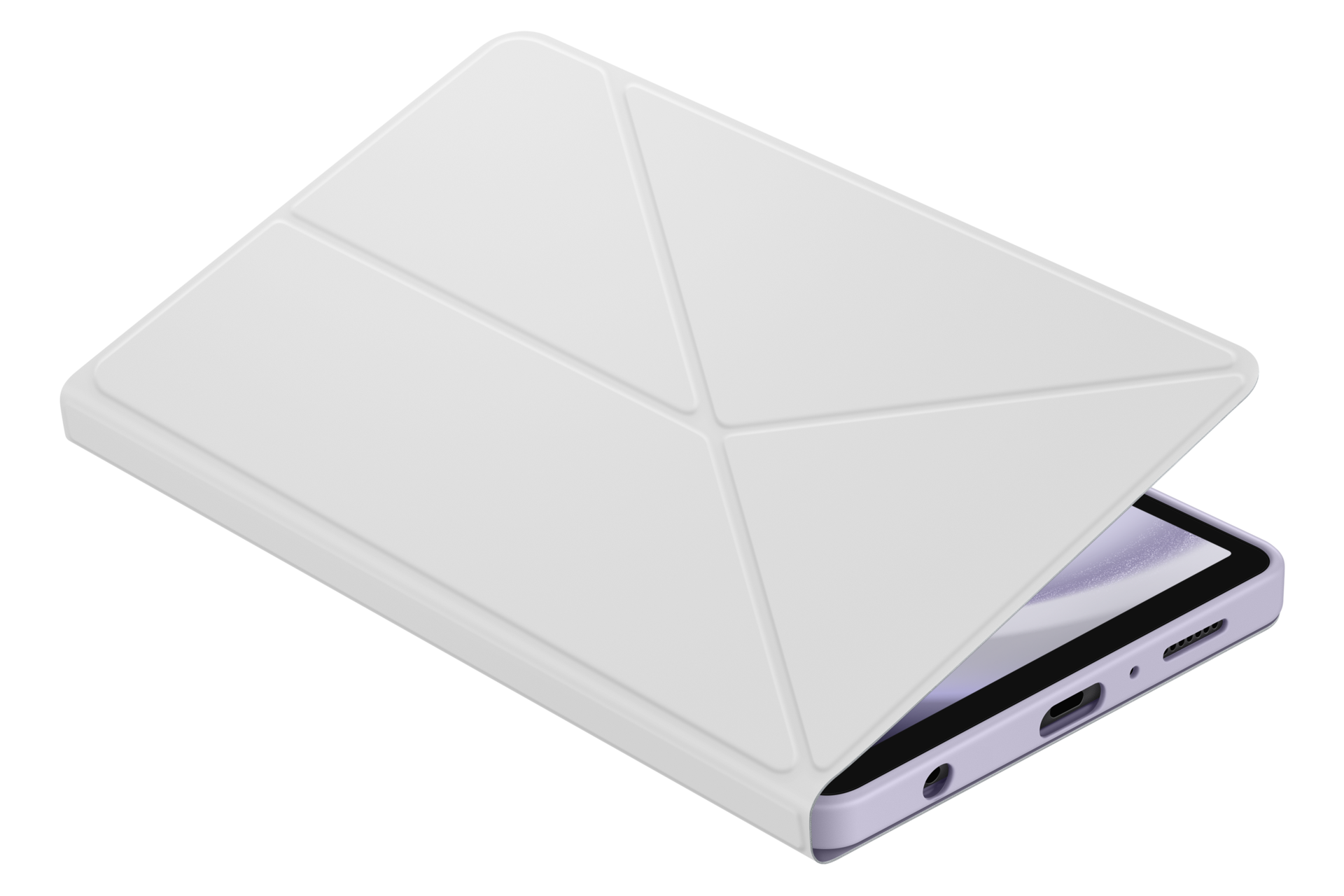 Białe etui na tablet jest częściowo otwarte, odsłaniając fioletowy tablet. Etui ma geometryczny wzór i znajduje się na czarnym tle.