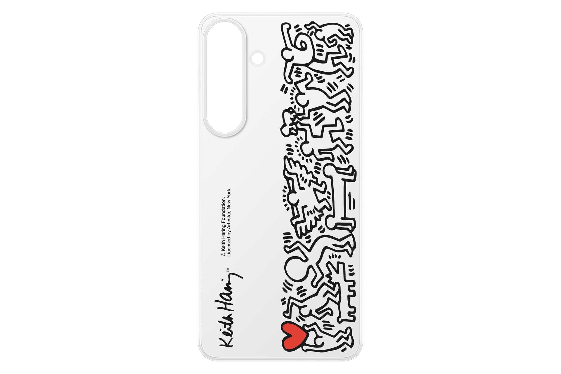 Funda de teléfono con arte de Keith Haring. Funda blanca con figuras de líneas negras y un corazón rojo. Fondo negro.