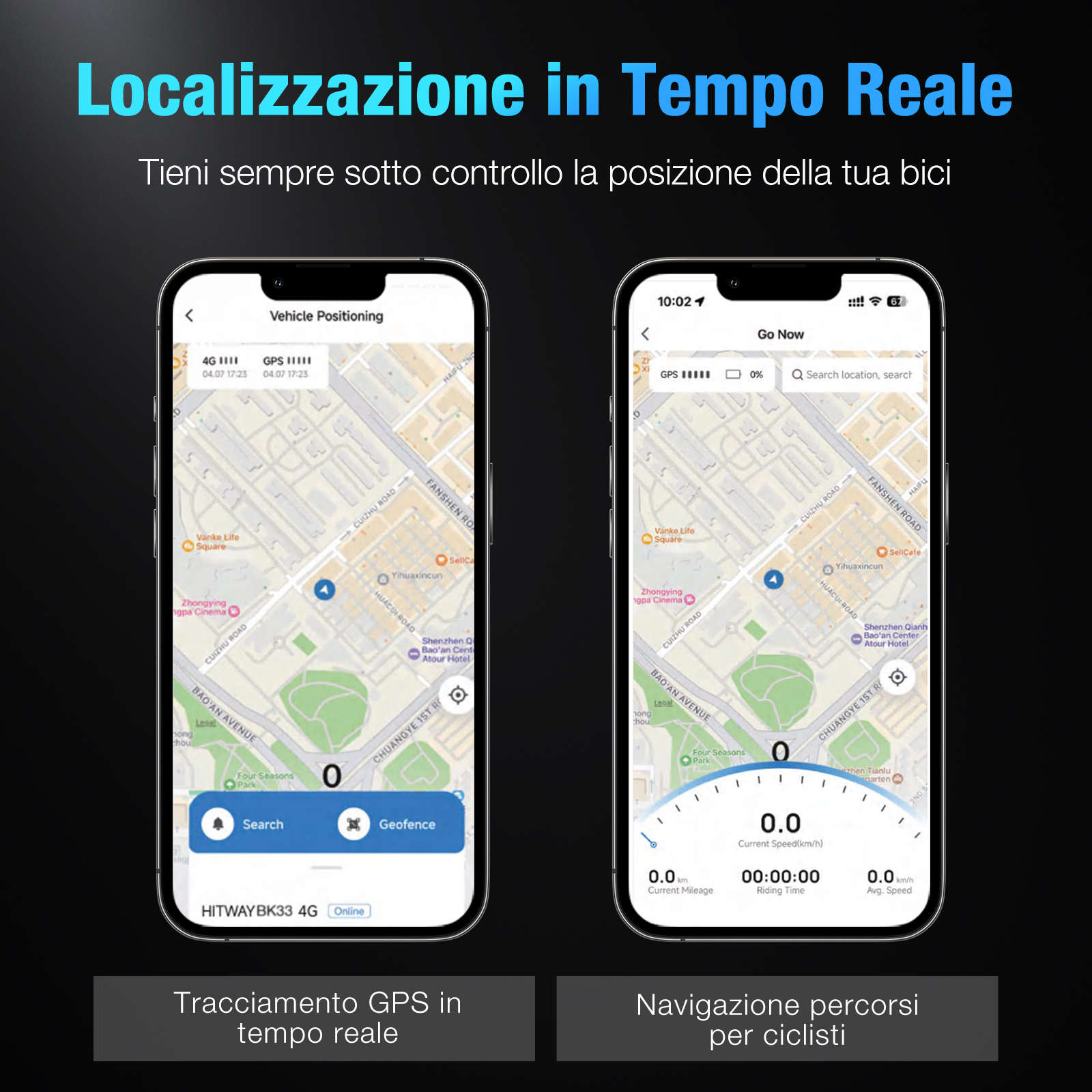 Due telefoni mostrano mappe con strade e indicatori di posizione, mostrando il posizionamento del veicolo e la navigazione in bicicletta.