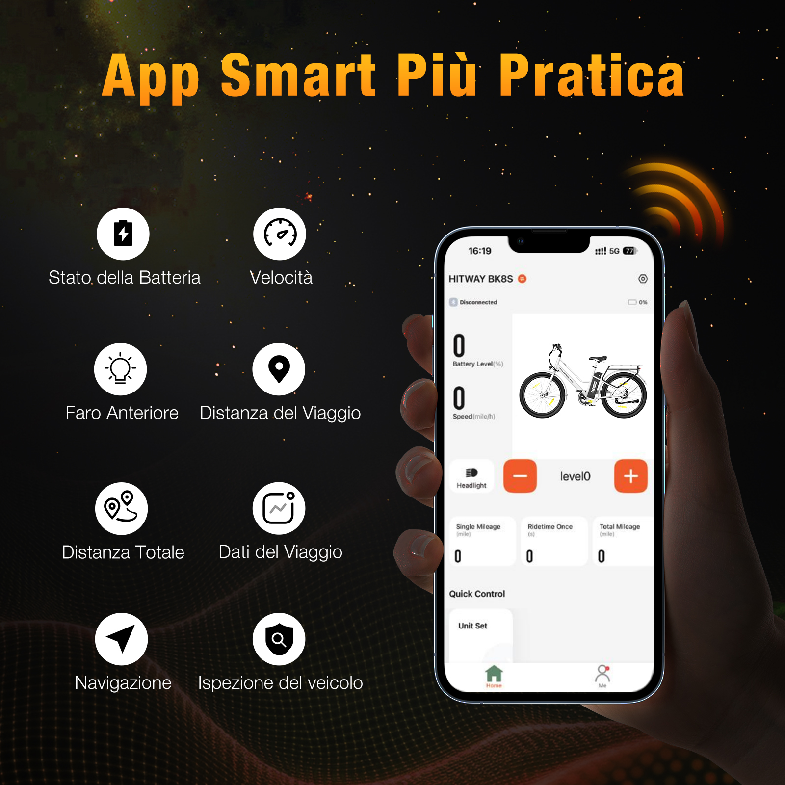 Un telefono mostra l'interfaccia di un'app per una bici elettrica, mostrando batteria, velocità e altri dati. Lo sfondo è scuro.