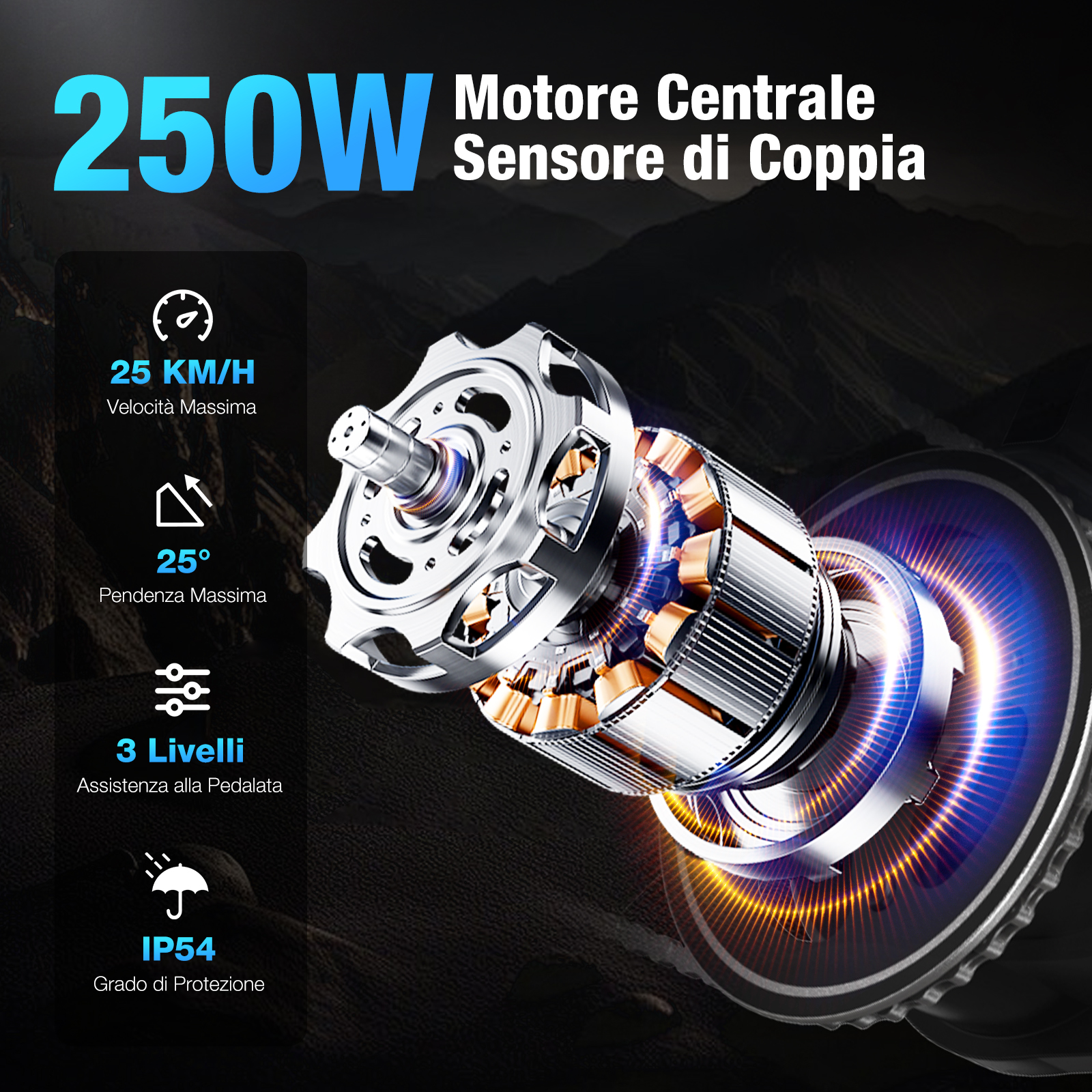 L'immagine mostra un motore per e-bike con specifiche. I dettagli chiave includono 250W, 25 KM/H, pendenza a 25 gradi, 3 livelli e grado IP54.