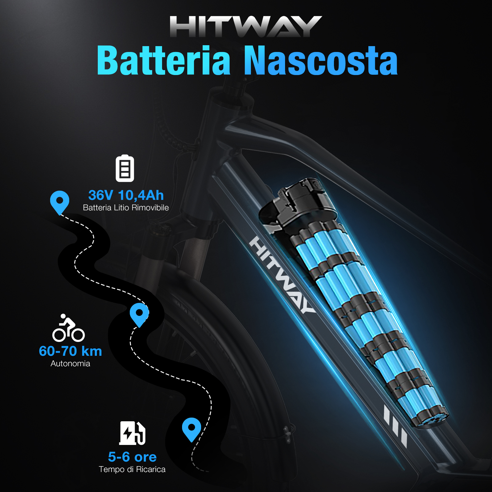 L'immagine mostra una e-bike, marchio HITWAY, con batteria nascosta. Le caratteristiche includono specifiche della batteria, autonomia e tempo di ricarica.