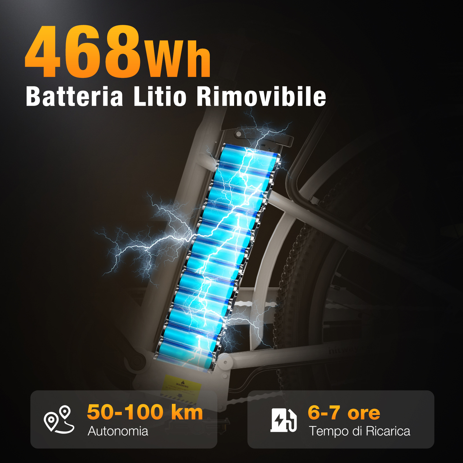 Batteria per bici elettrica da 468 Wh. Mostra il pacco batteria, fulmini, autonomia e tempo di ricarica.