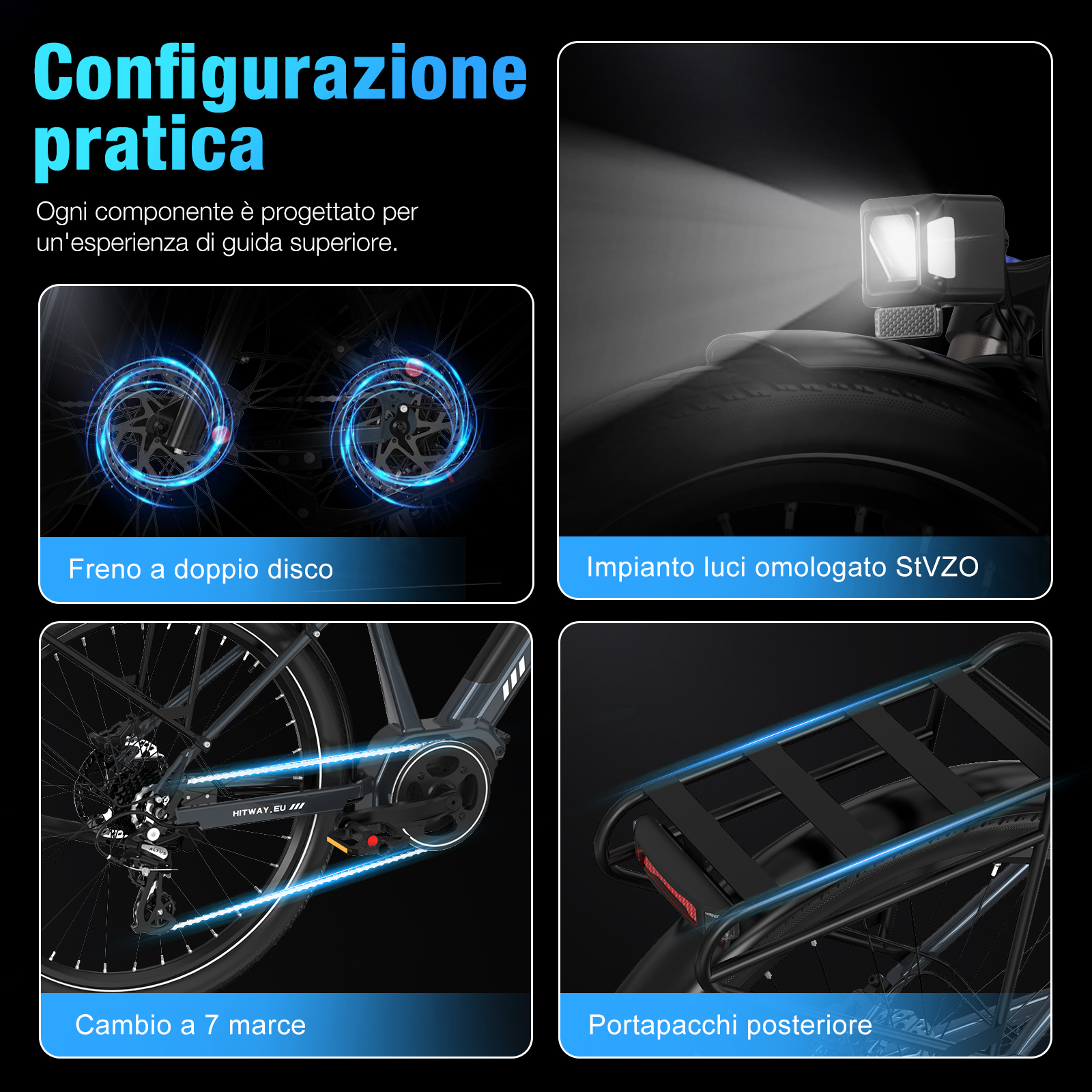 L'immagine mostra parti di bicicletta, tra cui freni, luci, ingranaggi e un portapacchi, il tutto evidenziato da linee al neon blu.