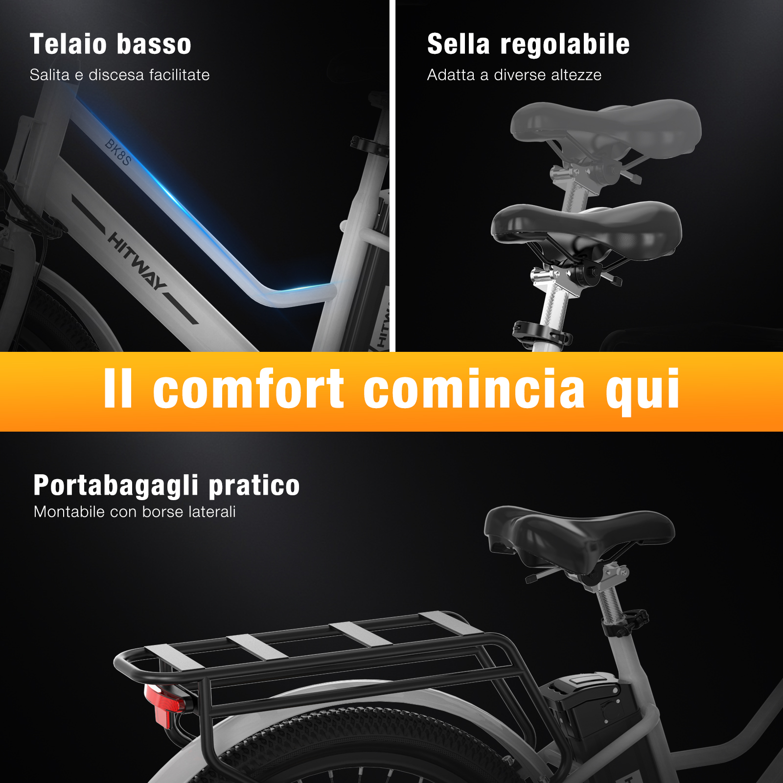 L'immagine mostra parti di una e-bike, tra cui telaio basso, sella regolabile e portapacchi pratico.