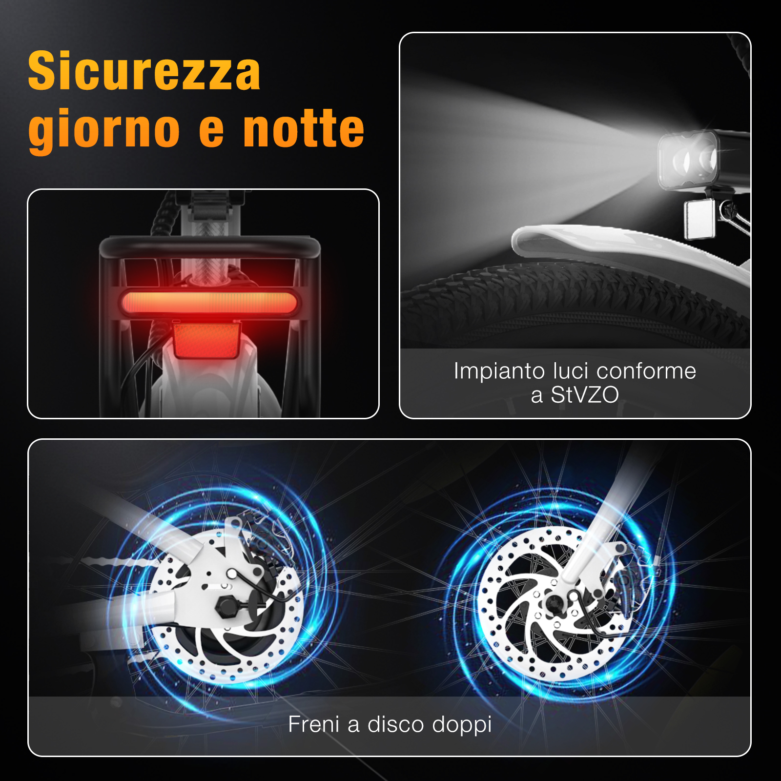 L'immagine mostra le caratteristiche di sicurezza della bici: luci, freni a disco e catarifrangenti. Il testo evidenzia la sicurezza.