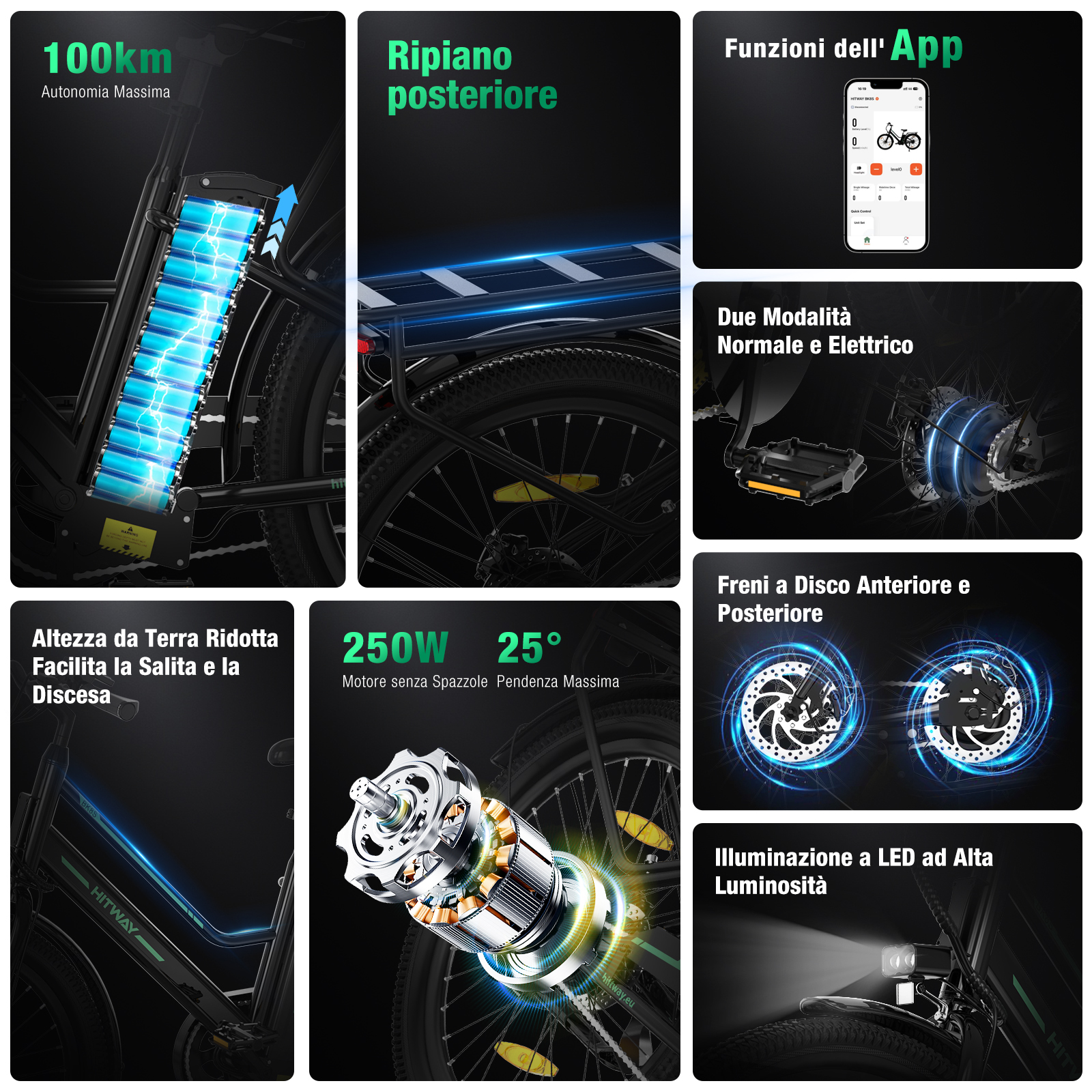 Bicicletta elettrica con batteria, portapacchi, funzioni app, due modalità, freni a disco e illuminazione a LED.