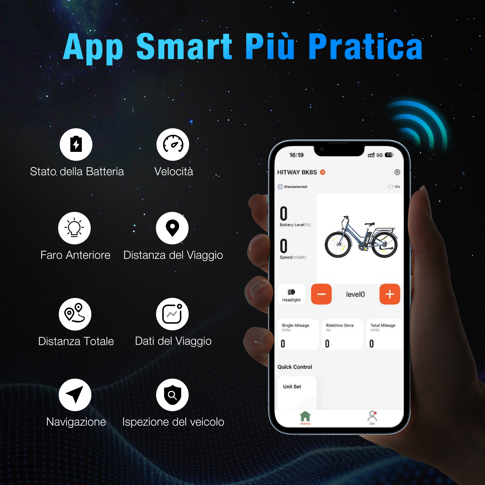 Un telefono mostra un'app per bici con dati su batteria, velocità e viaggio. L'app è etichettata 'HITWAY BK8S'.