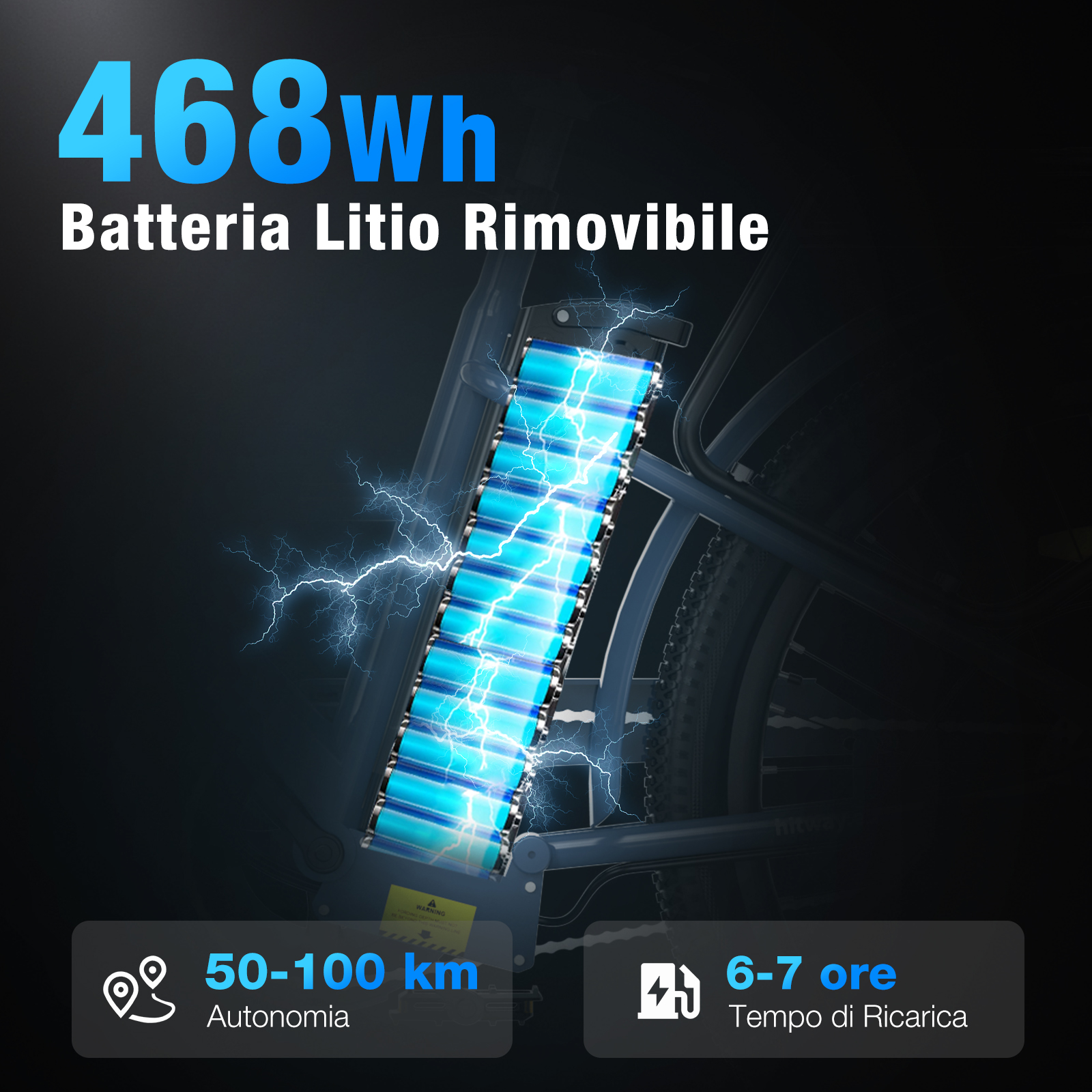 L'immagine mostra una batteria per bici con grafica di fulmini. Il testo indica 468 Wh, batteria al litio rimovibile, autonomia 50-100 km e 6-7 ore di ricarica.