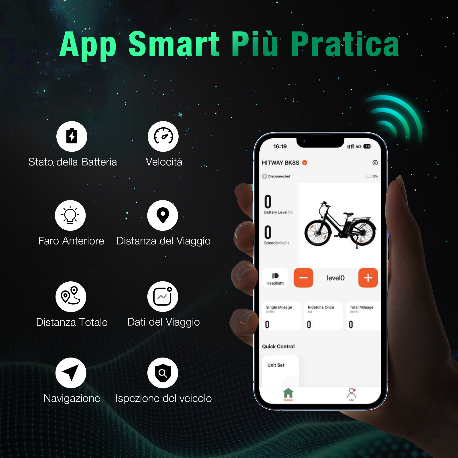 Un telefono mostra un'interfaccia dell'app per una bici elettrica, mostrando batteria, velocità e altri dati.